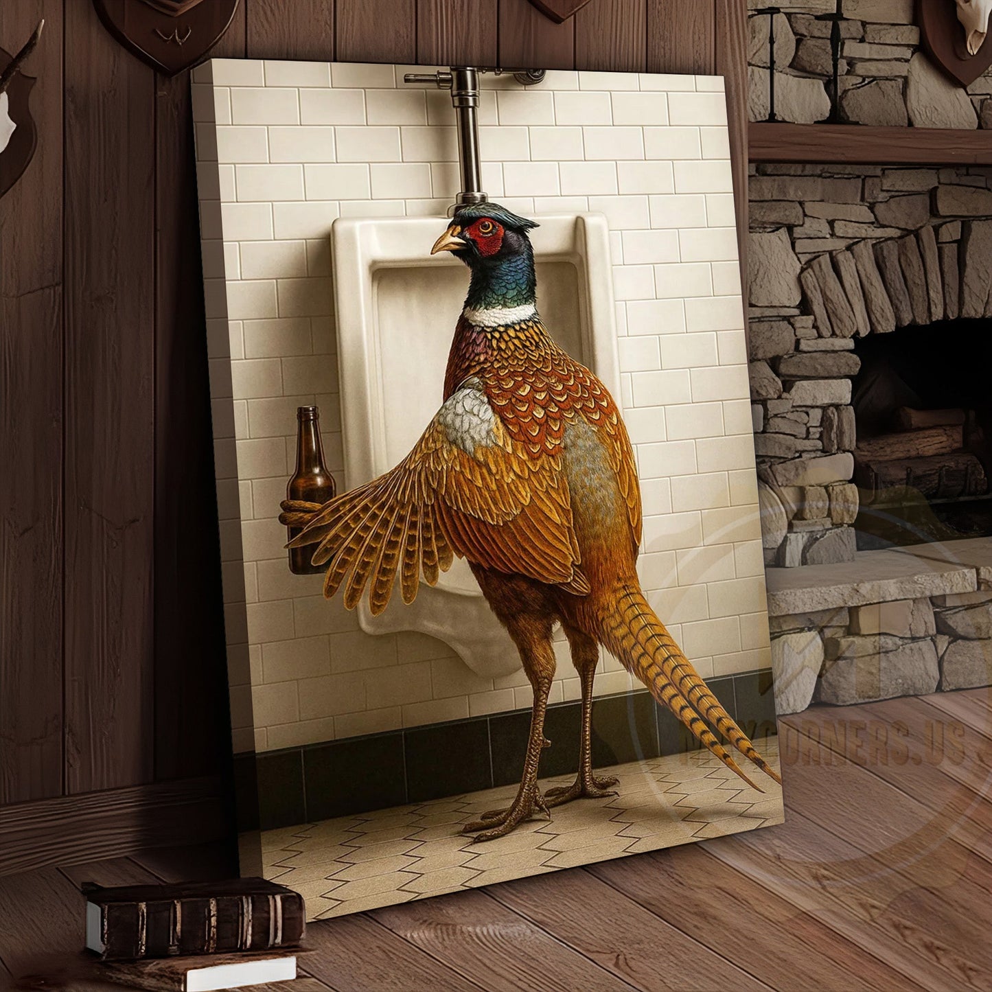 Funny Pheasant Holding Beer Bathroom Humor Rustic Art Wrapped Canvas