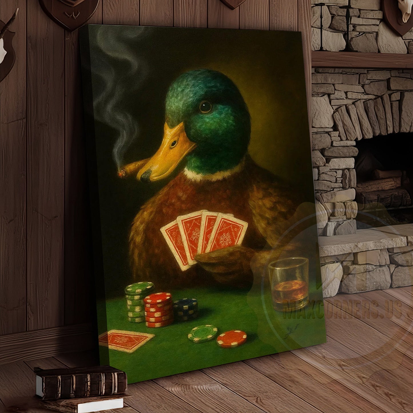 Duck Smoking Cigar Playing Poker Rustic Bar Art Wrapped Canvas