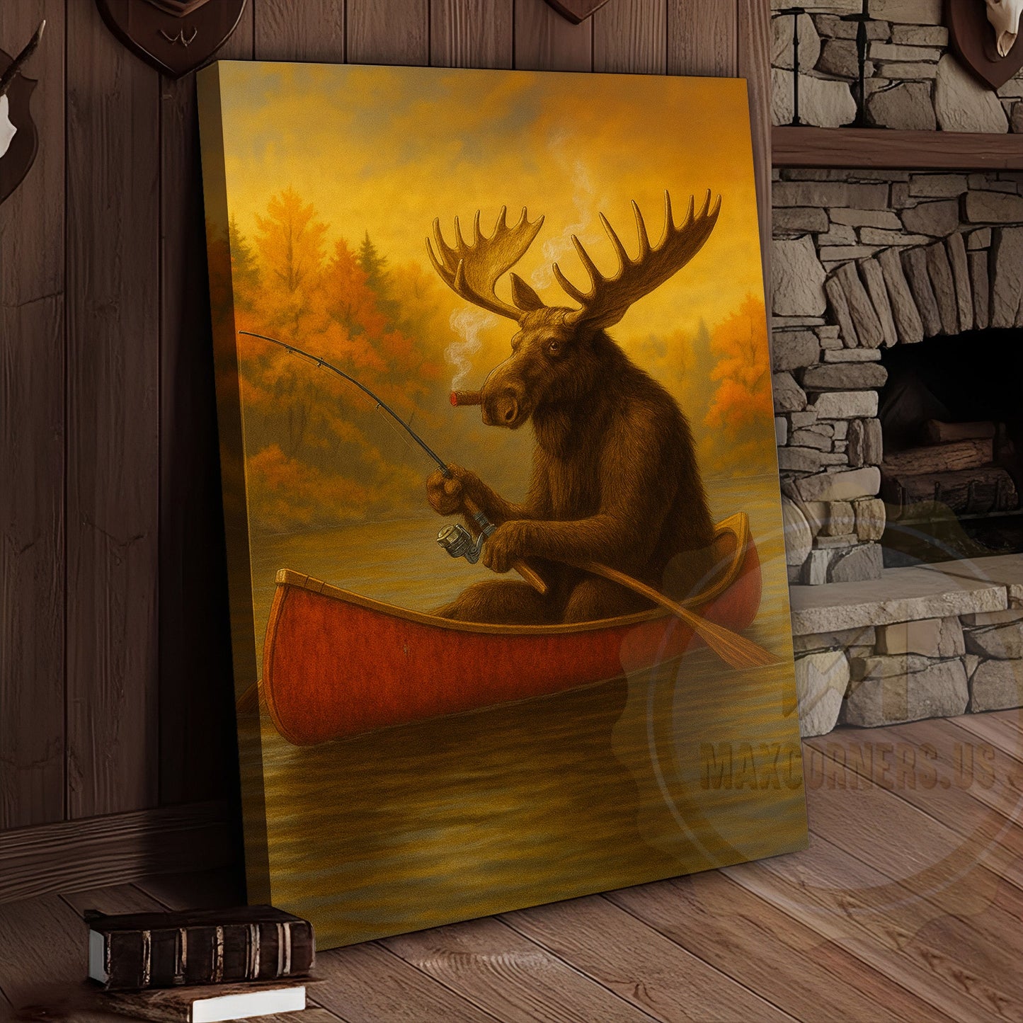 Moose Fishing with Cigar Autumn Lake Cabin Art Wrapped Canvas