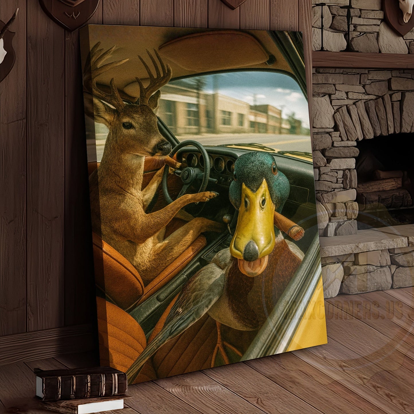 Deer Driving Car with Duck Funny Country Road Humor Art Wrapped Canvas