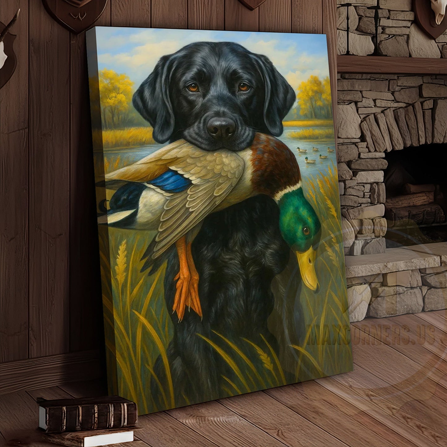 Black Lab Retriever With Duck Hunting Art Wrapped Canvas