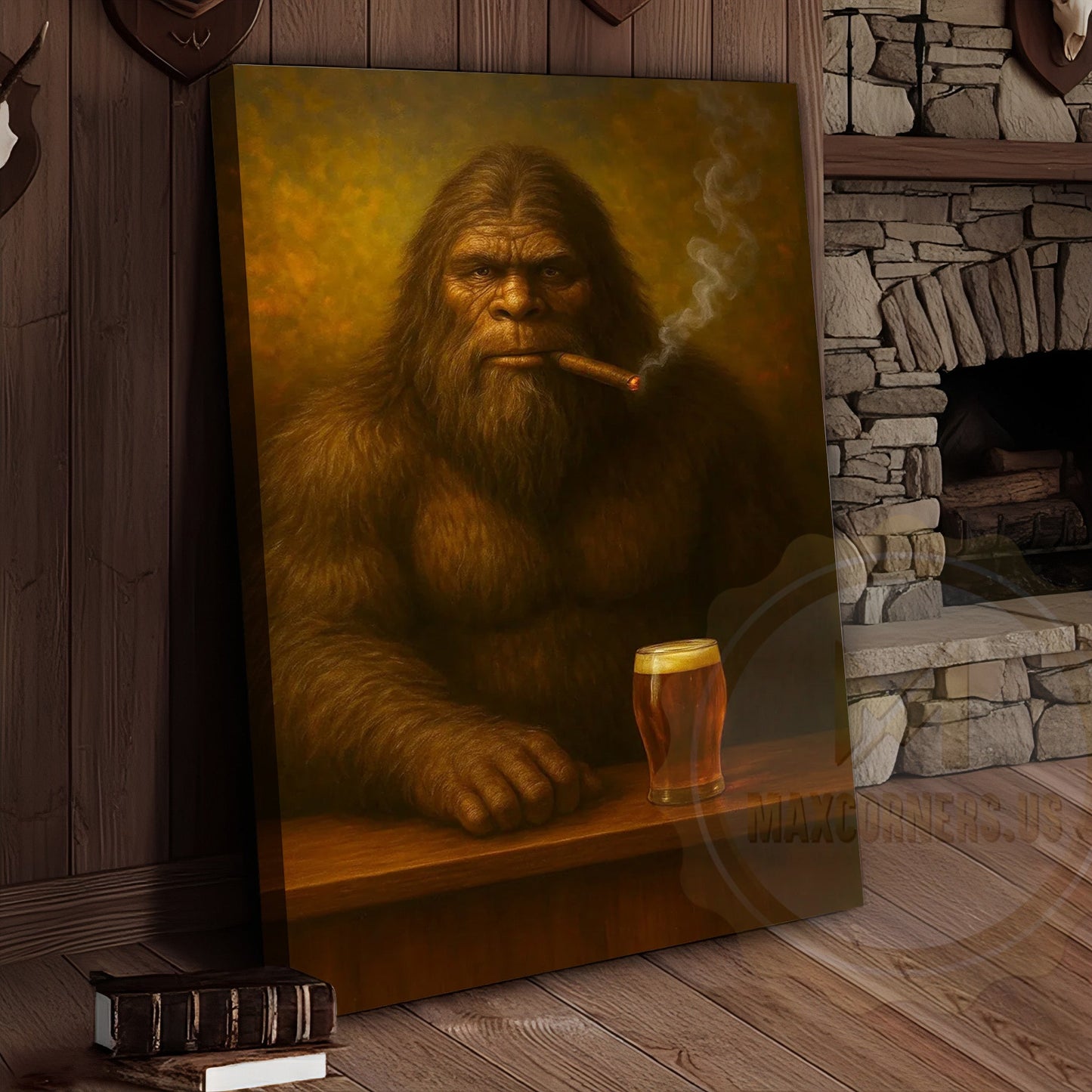 Bigfoot Smoking Cigar With Beer Rustic Lodge Wall Art Wrapped Canvas