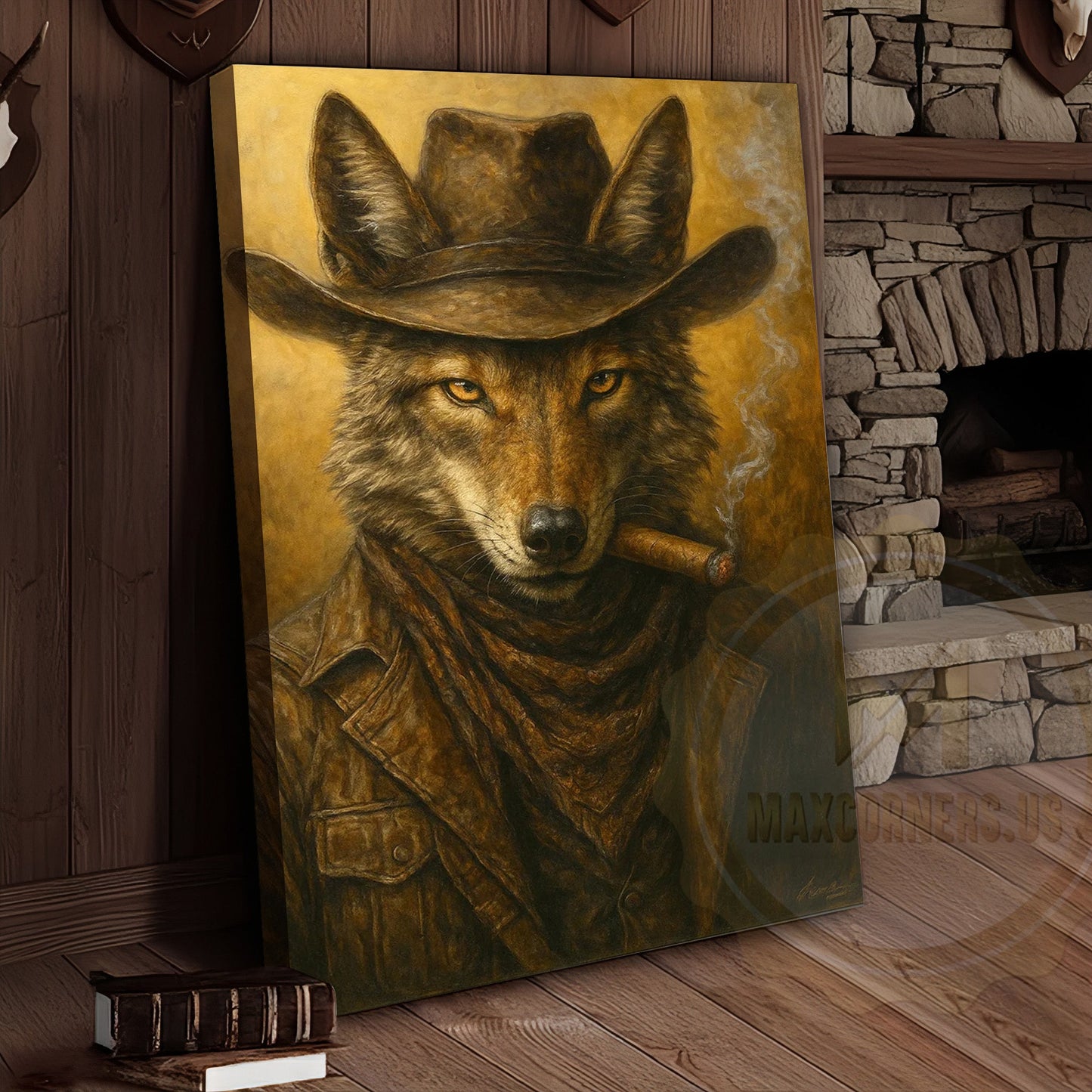 Wolf Cowboy Smoking Cigar Rustic Western Lodge Art Wrapped Canvas