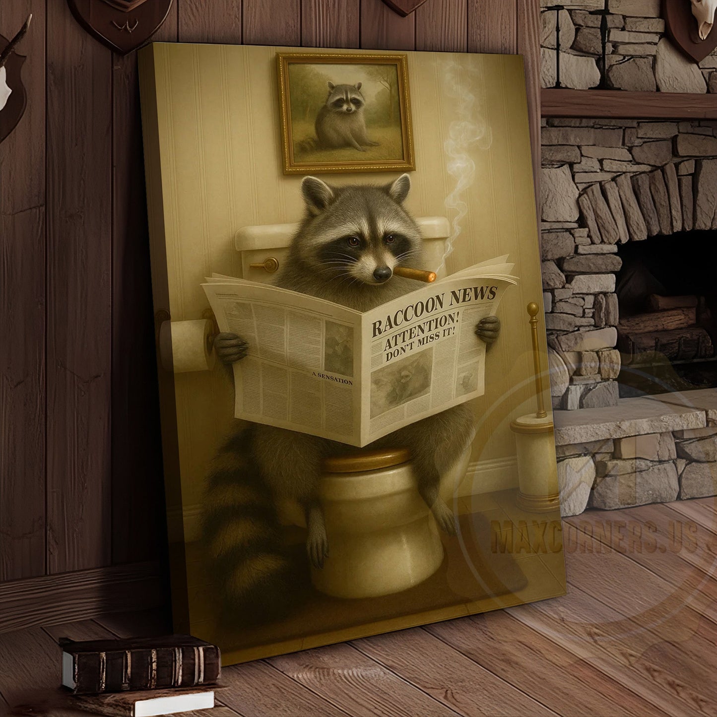 Funny Raccoon Reading Newspaper Rustic Bathroom Wall Art Wrapped Canvas