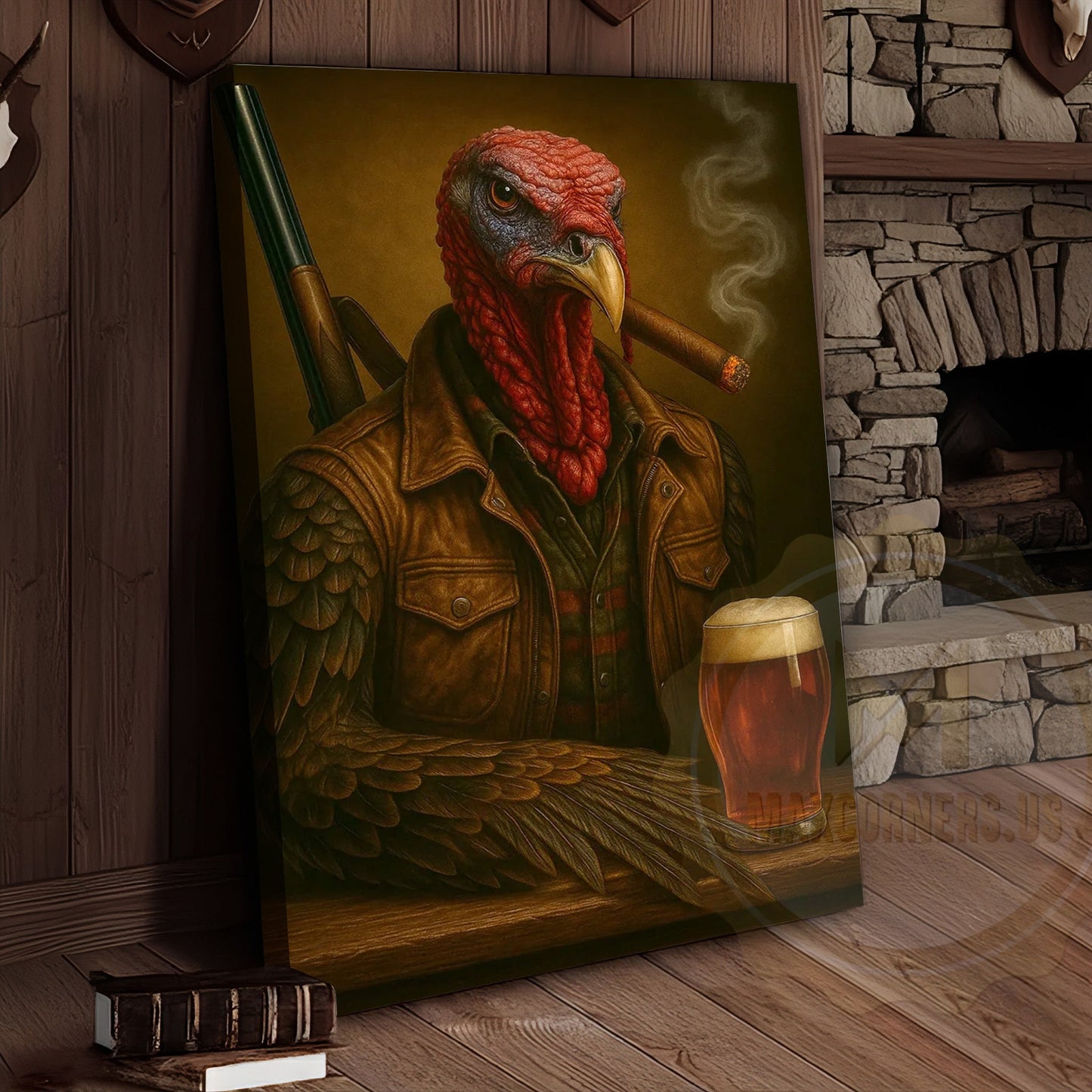 Turkey Hunter With Beer And Cigar Rustic Lodge Wall Art Wrapped Canvas