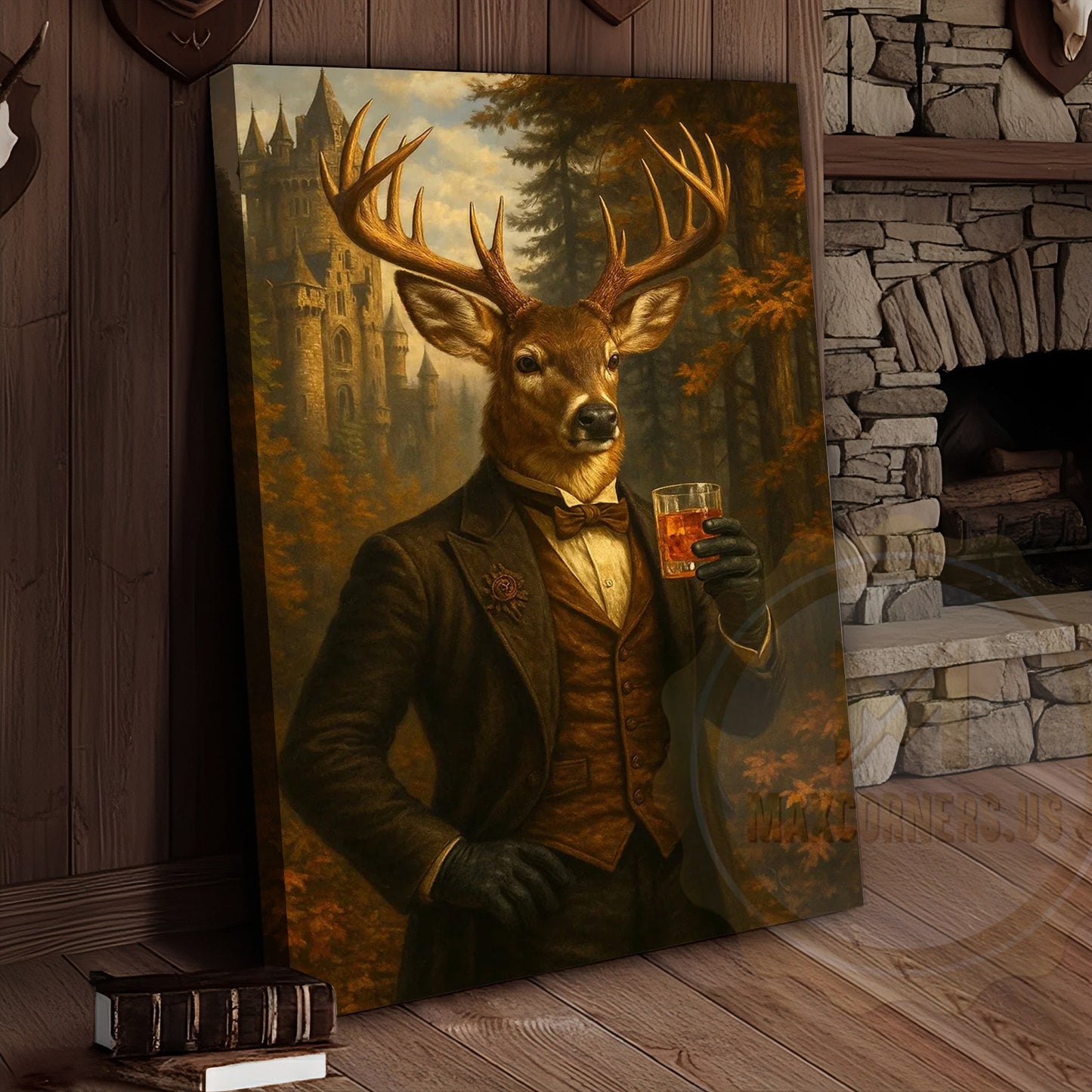 Gentleman Deer With Whiskey Glass Rustic Castle Wall Art Wrapped Canvas