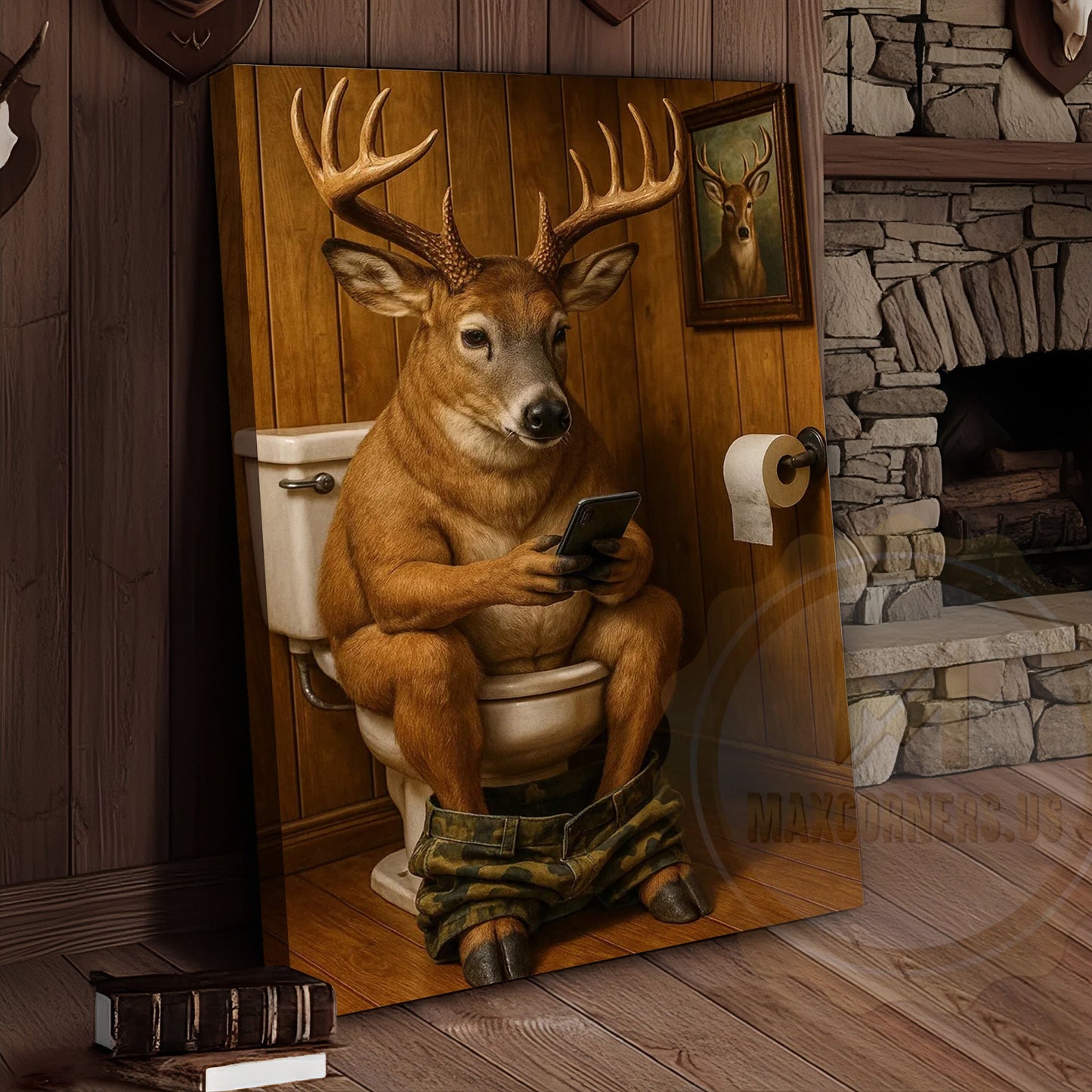 Funny Deer on Toilet Reading Phone Bathroom Humor Art Wrapped Canvas