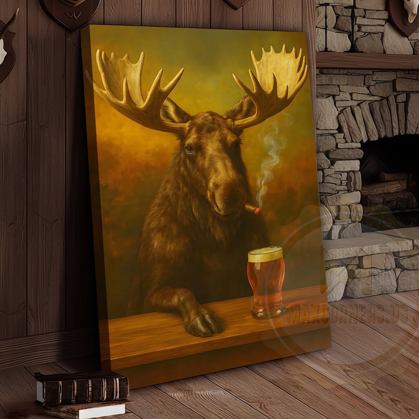 Moose Smoking Cigar with Beer Rustic Lodge Bar Art Wrapped Canvas