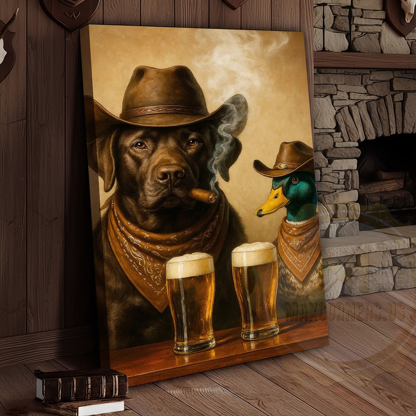 Cowboy Dog Funny and Duck Drinking Beer Western Bar Art Wrapped Canvas