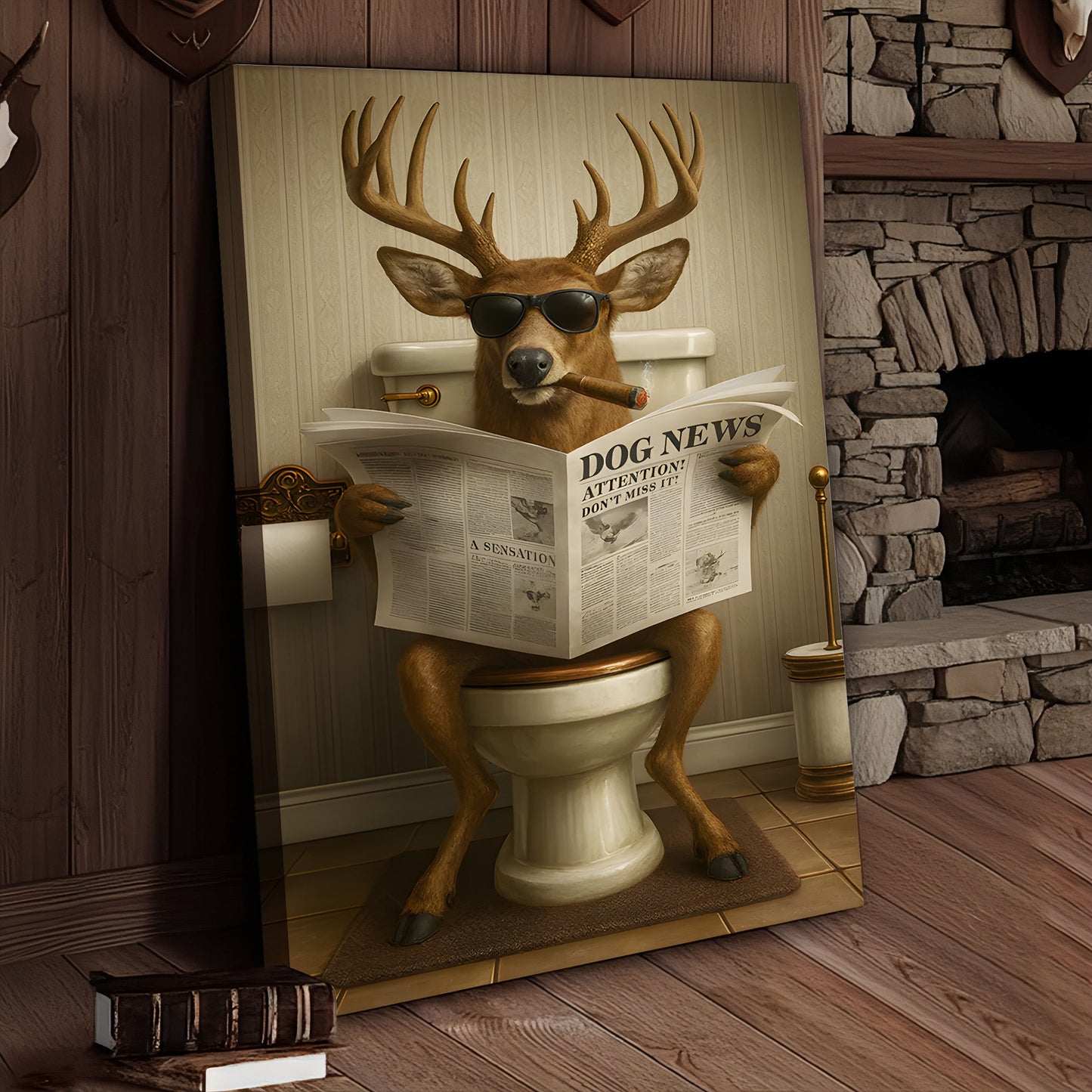 Funny Deer on Toilet Canvas – Hilarious Animal Art Print with SunGlasses and Smoking Reading Newspaper.