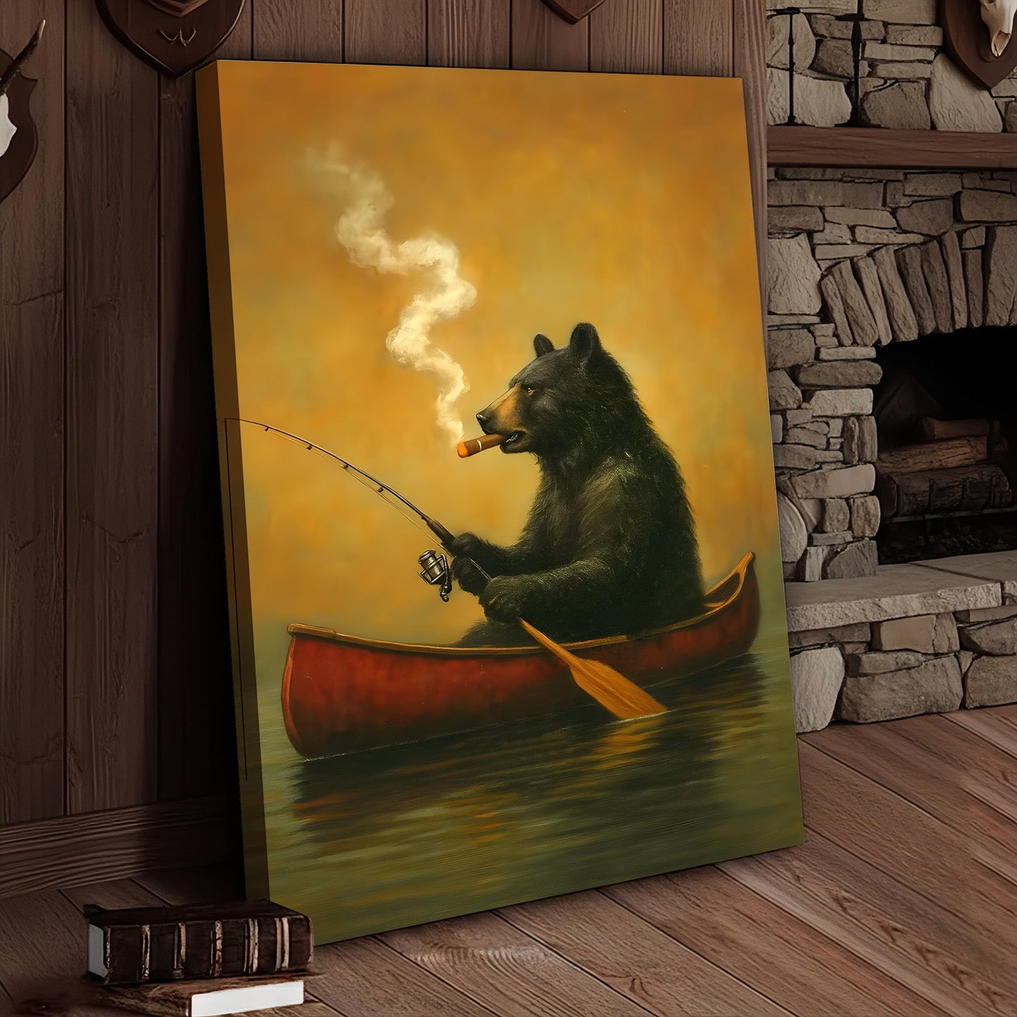 Bear Smoking Fishing Canvas, Funny Lodge Wall Art, Canoe Fishing Rustic Cabin Wall Art