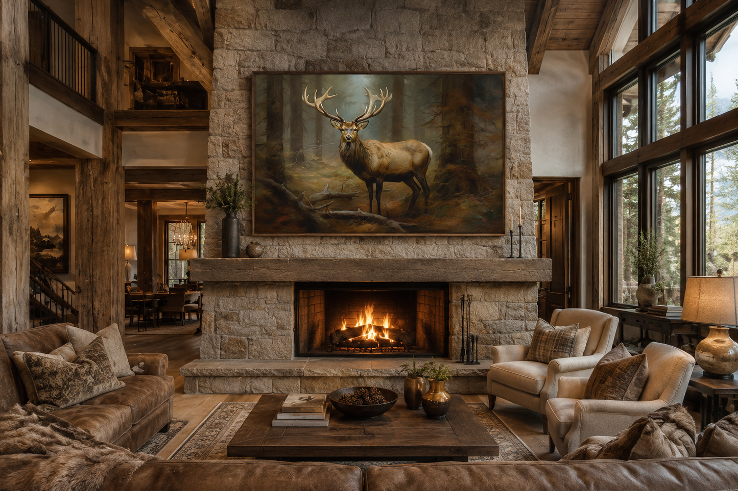 Elk In Fir Tree Forest Framed Canvas Wall Art For Cabin Decor