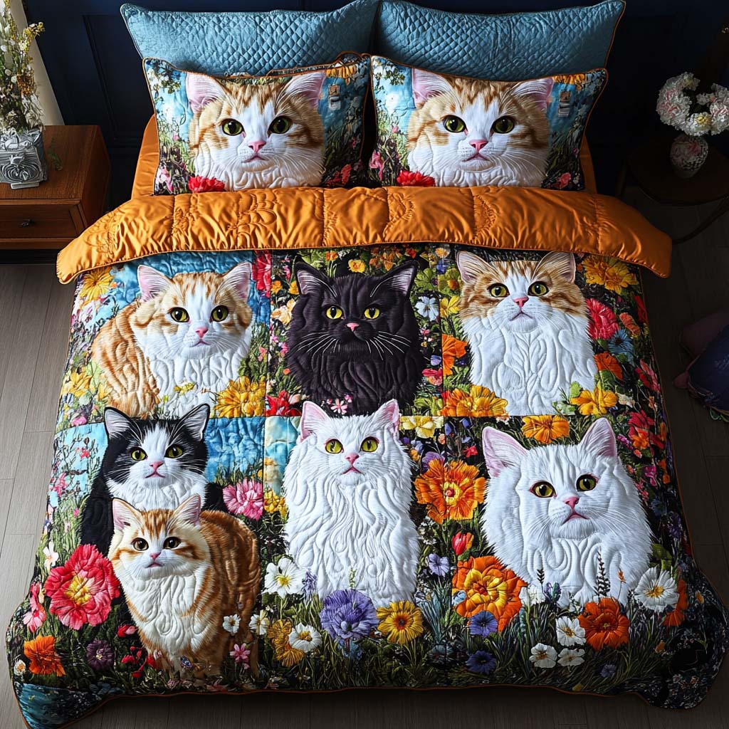 Mellow Cat Meadow 3-Piece Quilted Bedding Set - Single (59" x 70")