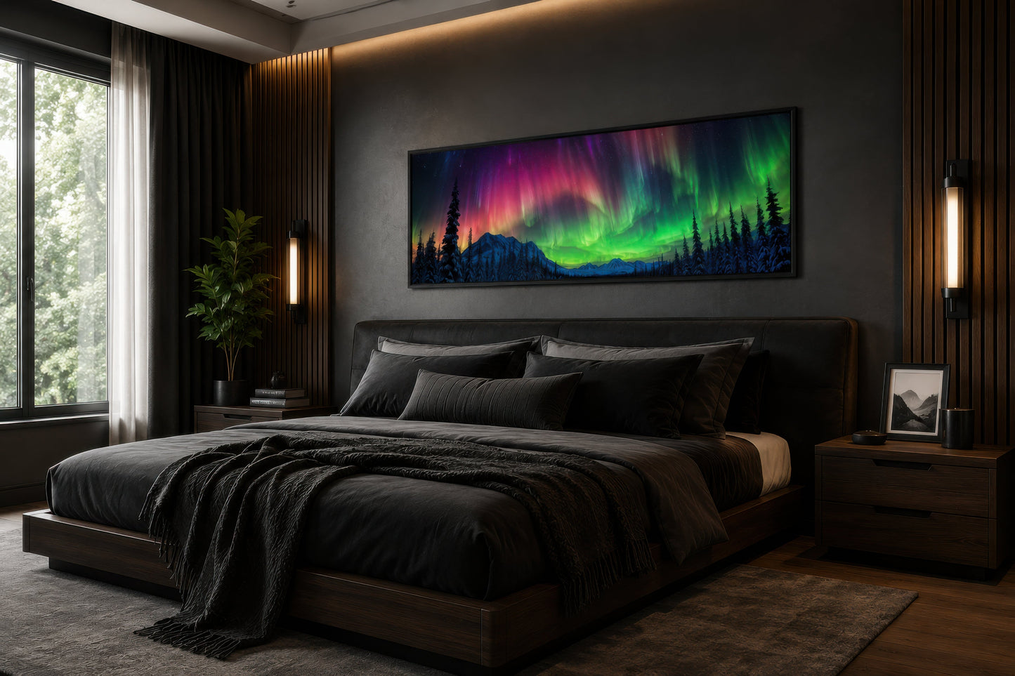 Aurora Borealis, Northern Lights Long Horizontal Framed Canvas Wall Art Above Mens Bed Decor