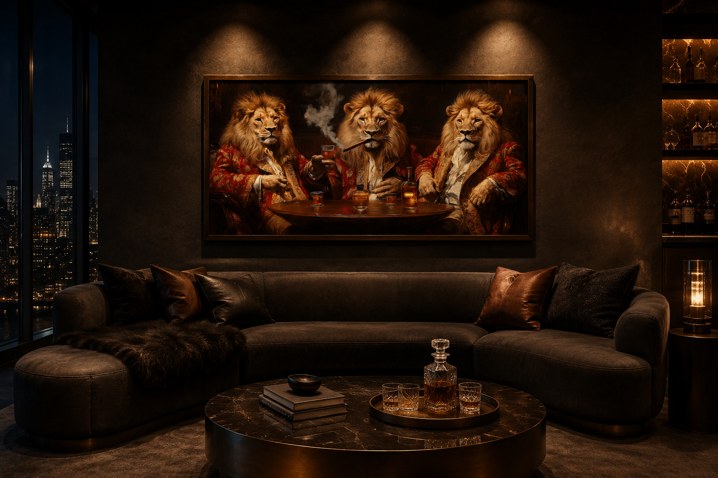 Royal Lions Drinking Whiskey Smoking Cigar Framed Bar Canvas Wall Art
