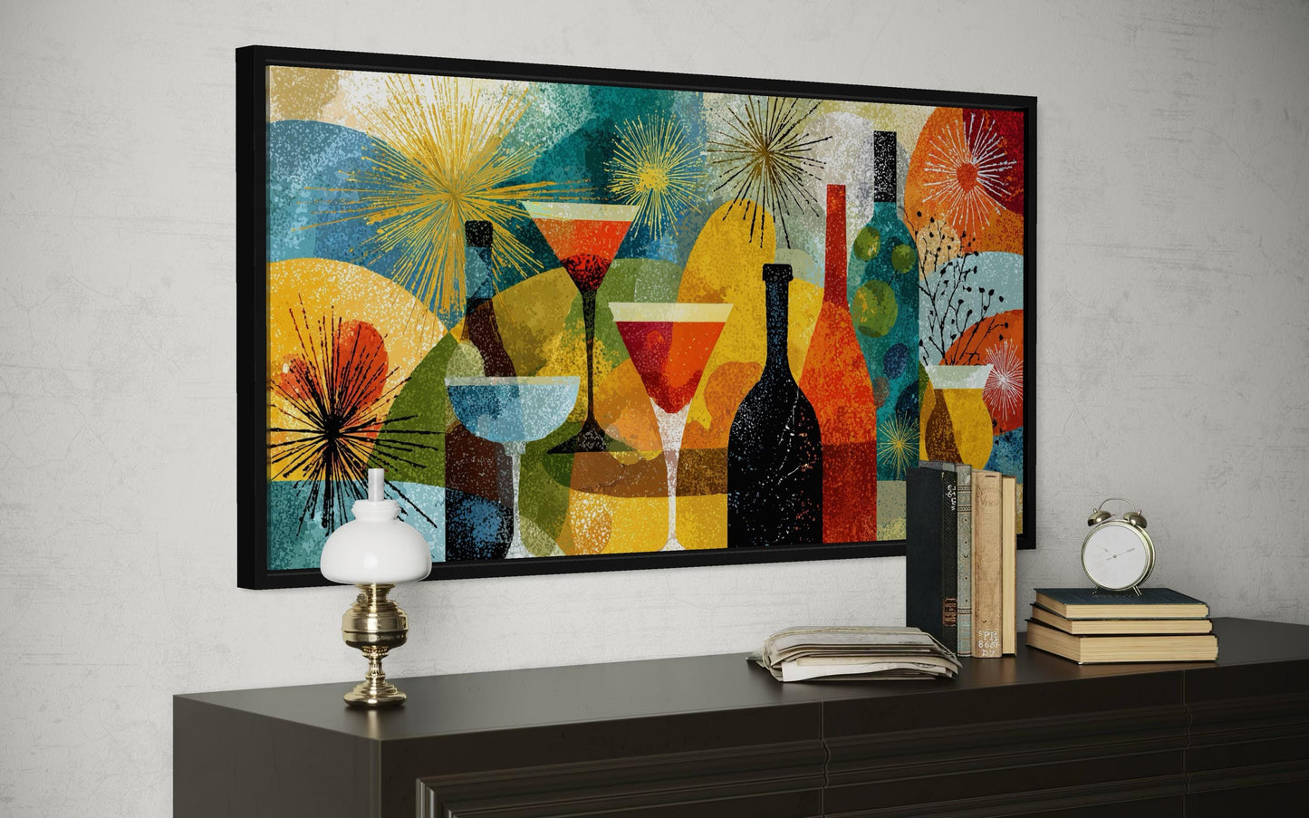 Mid Century Modern Dining Room Wall Art - Retro Cocktail Bar Canvas Print with Martini Glass Painting