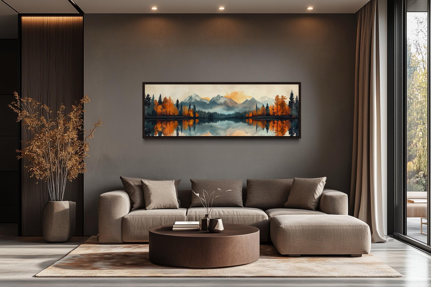 Mid Century Modern Lake Landscape Long Narrow Wall Art For Above Couch Or Bed