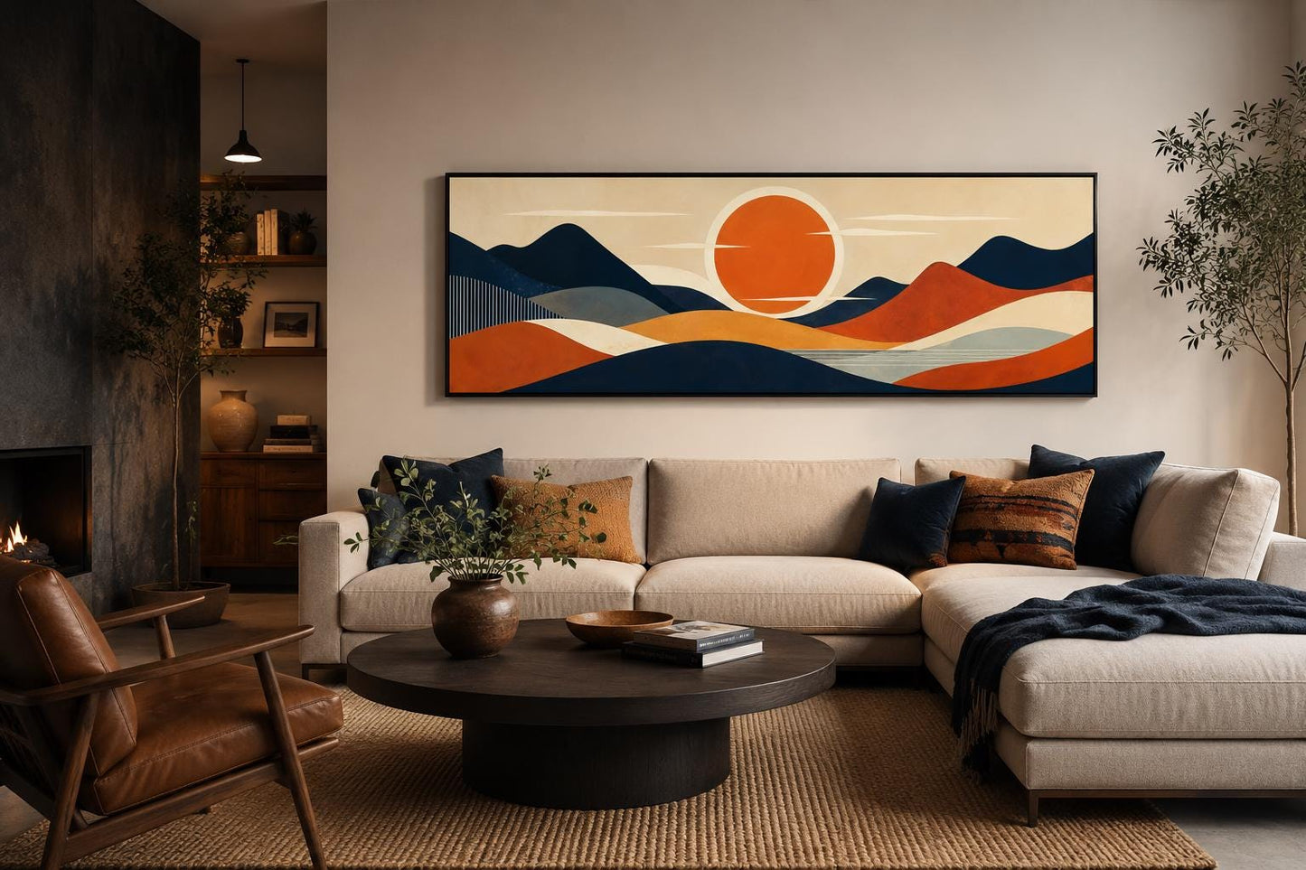Mid Century Modern Navy Orange Mountain Sunset Above Bed Wall Art Canvas Print