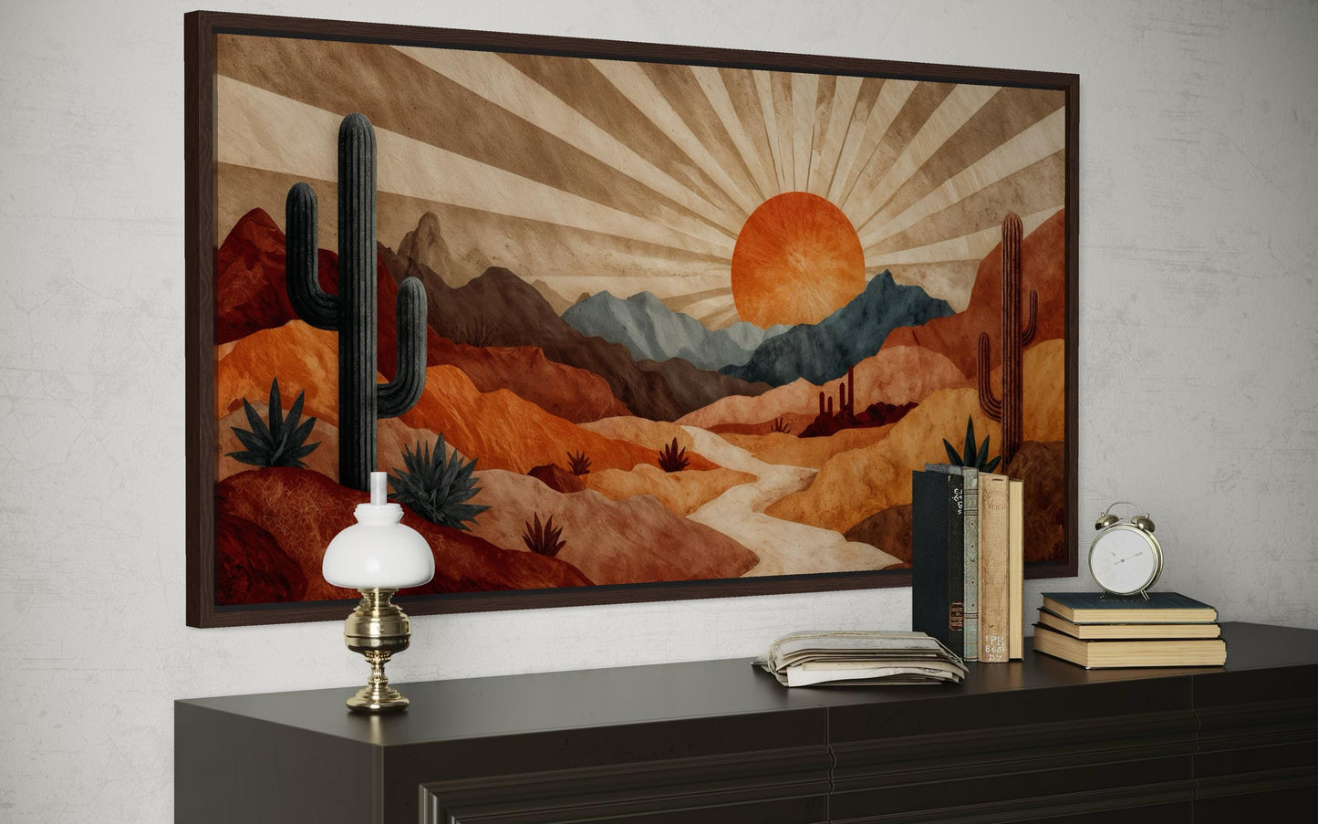 Mid Century Modern Wall Art | Desert Landscape Print - Retro Sunset Canvas in Warm Earth Tones