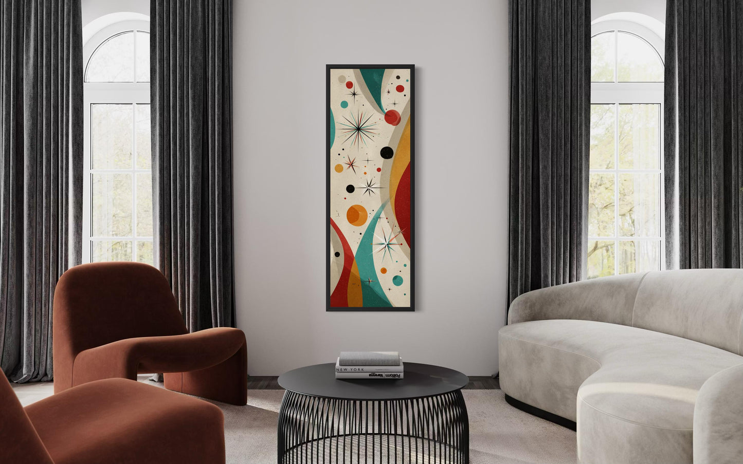 Mid Century Modern Wall Art - Vertical Retro Geometric Painting on Narrow Canvas Print