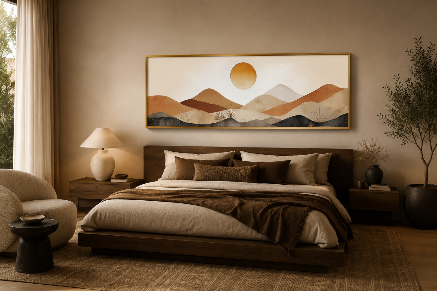 Mid Century Modern Neutral Brown Beige Mountain Sunset Landscape Long Narrow Canvas Wall Art