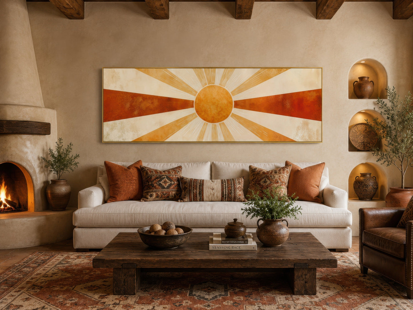 Mid Century Modern Sun Rays Long Horizontal Above Bed Wall Art