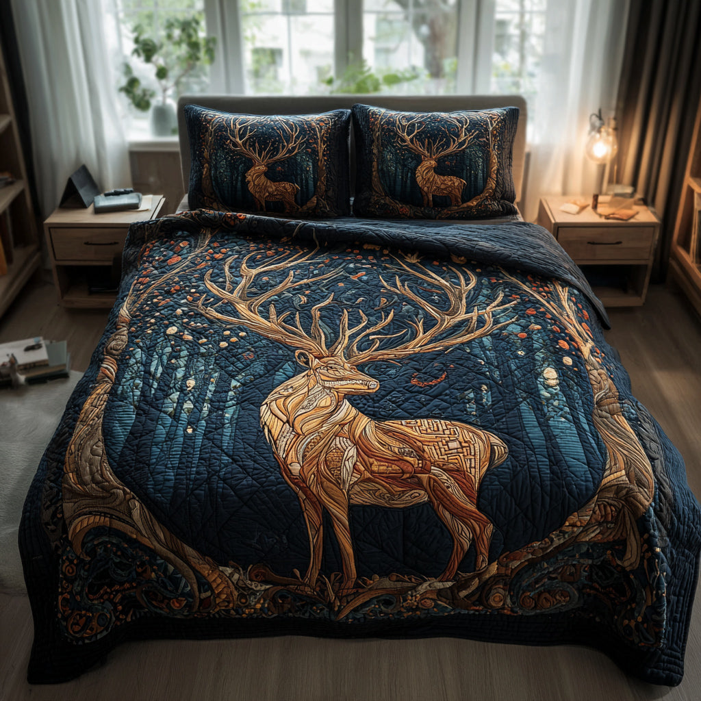 Midnight Deer Runic 3-Piece Quilted Bedding Set - Single (59" x 70")
