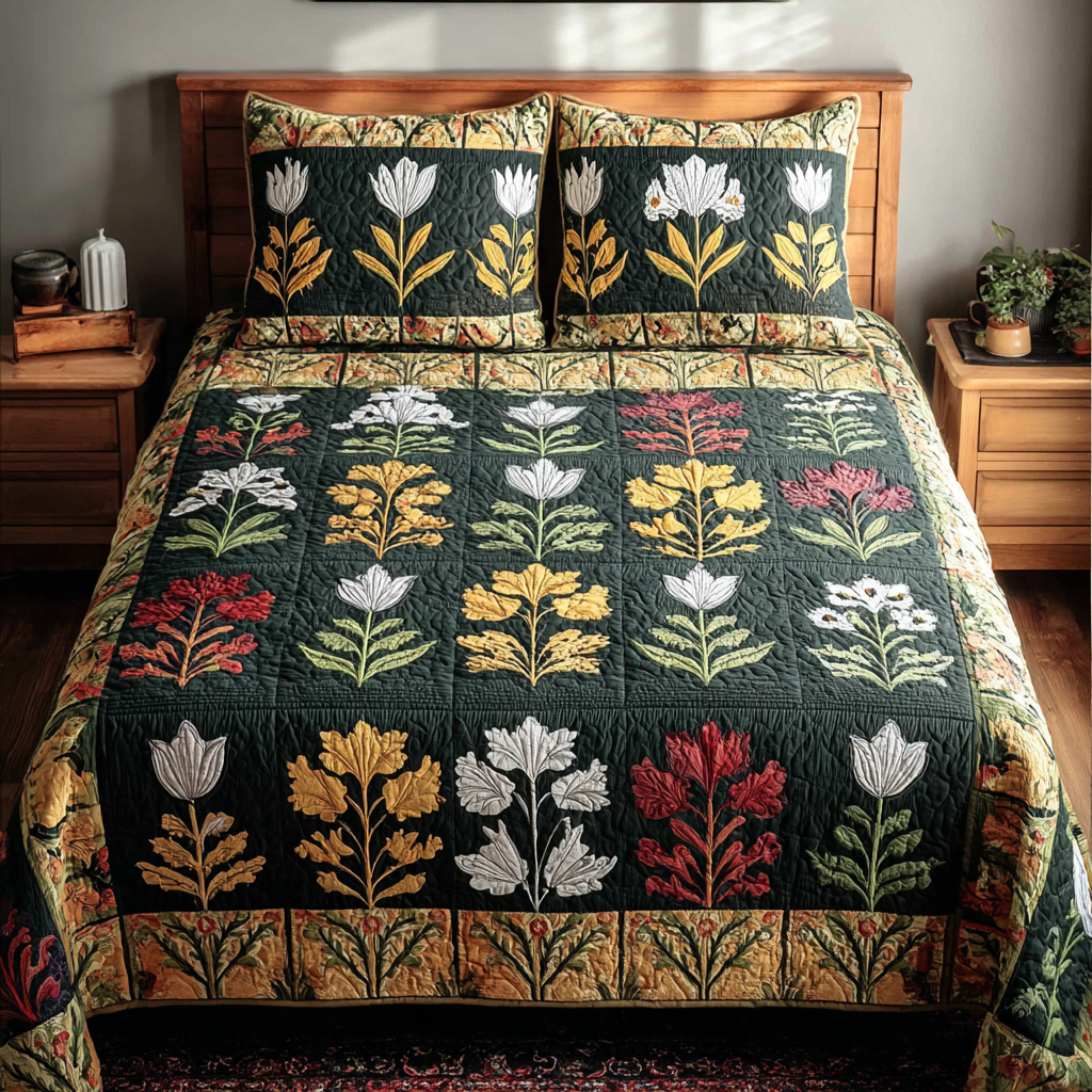 Midnight Flora 3-Piece Quilted Bedding Set - Single (59" x 70")