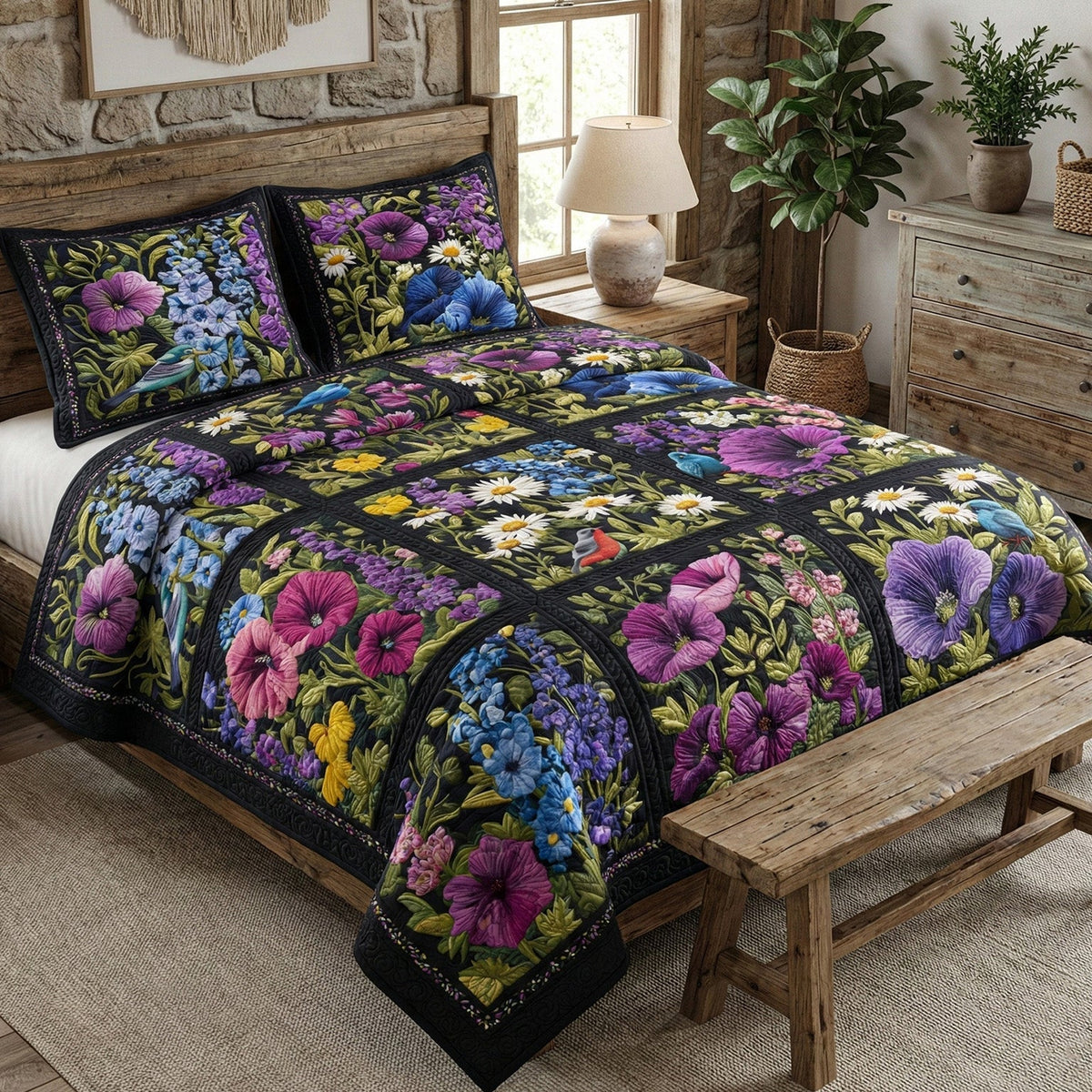 Midnight Garden Bloom 3-Piece Quilted Bedding Set - Single (59" x 70")