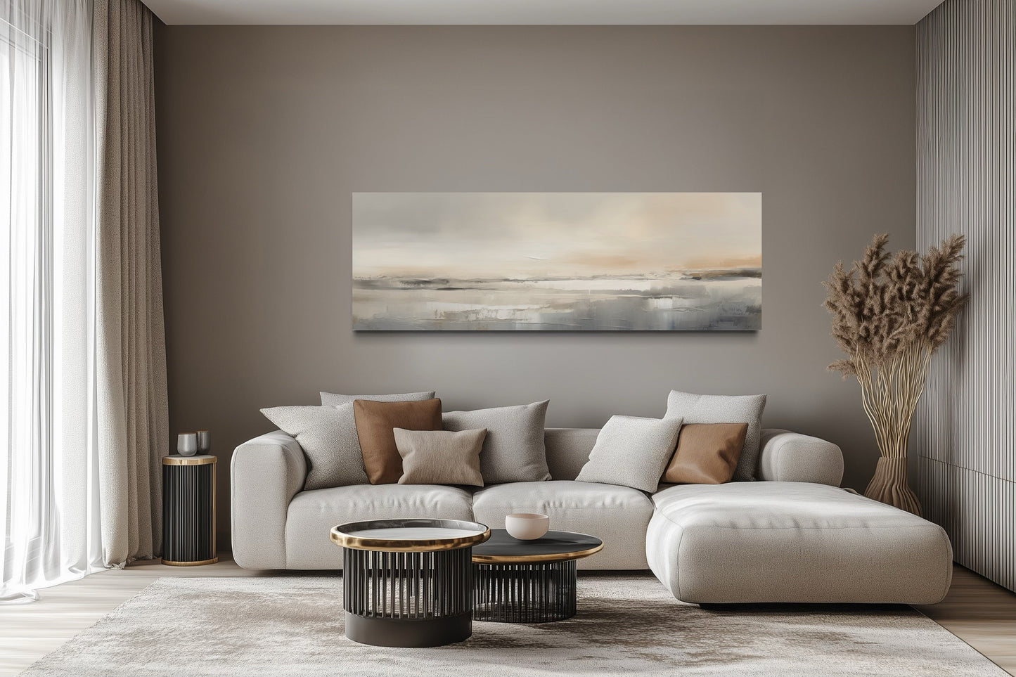 Minimalist Neutral Abstract Watercolor Ocean Beach Horizontal Over Bed Wall Art