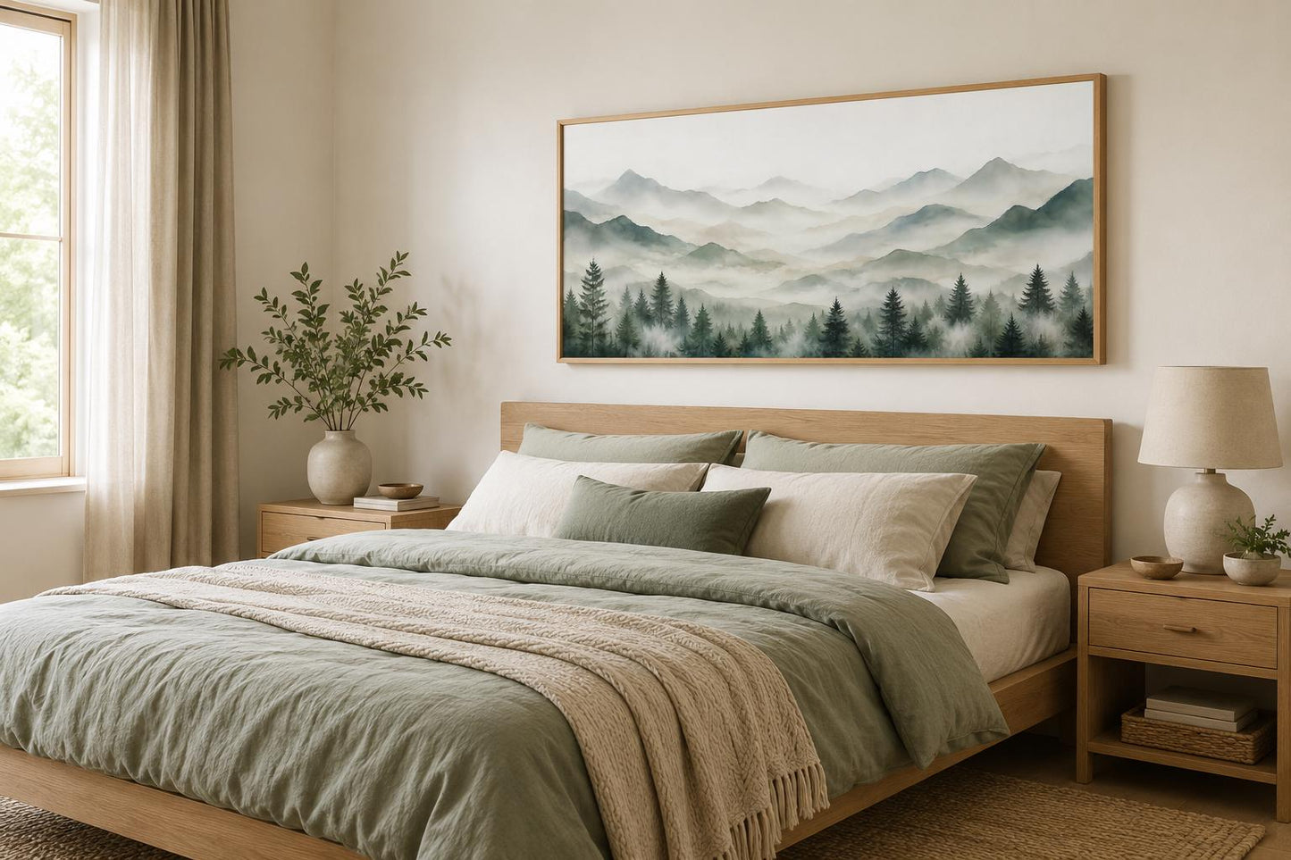 Misty Mountain Painting - Sage Green Pine Tree Canvas for Living Room Wall Art