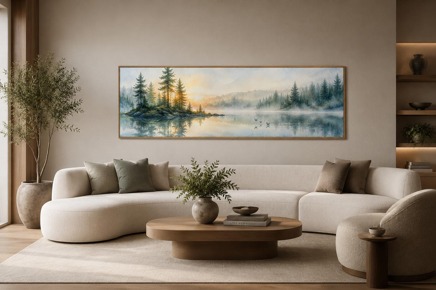 Misty Pine Forest Wall Art – Serene Lake Canvas Print for Cabin Decor