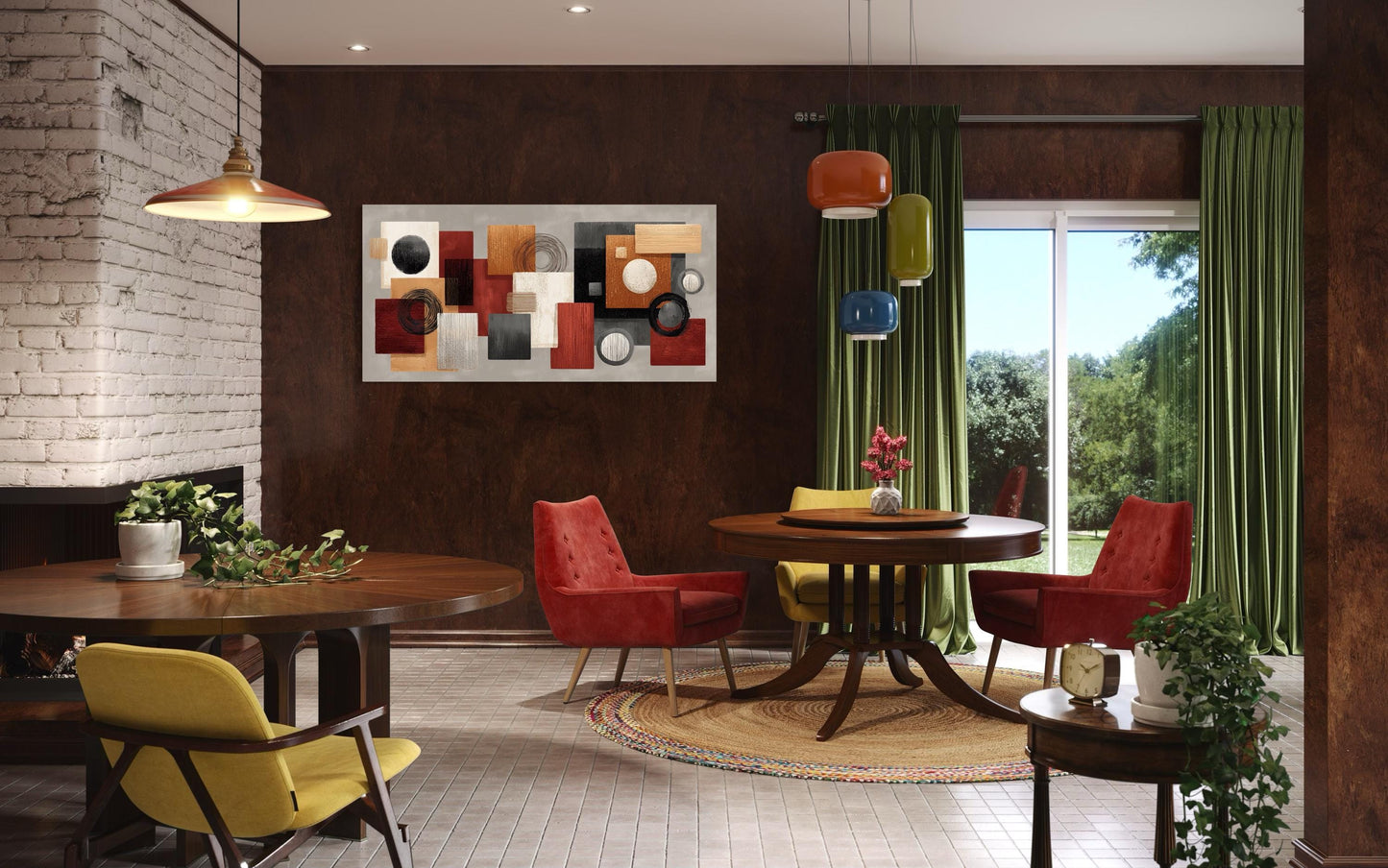 Modern Geometric Abstract Red, Black, Beige and Orange Shapes Canvas Wall Art