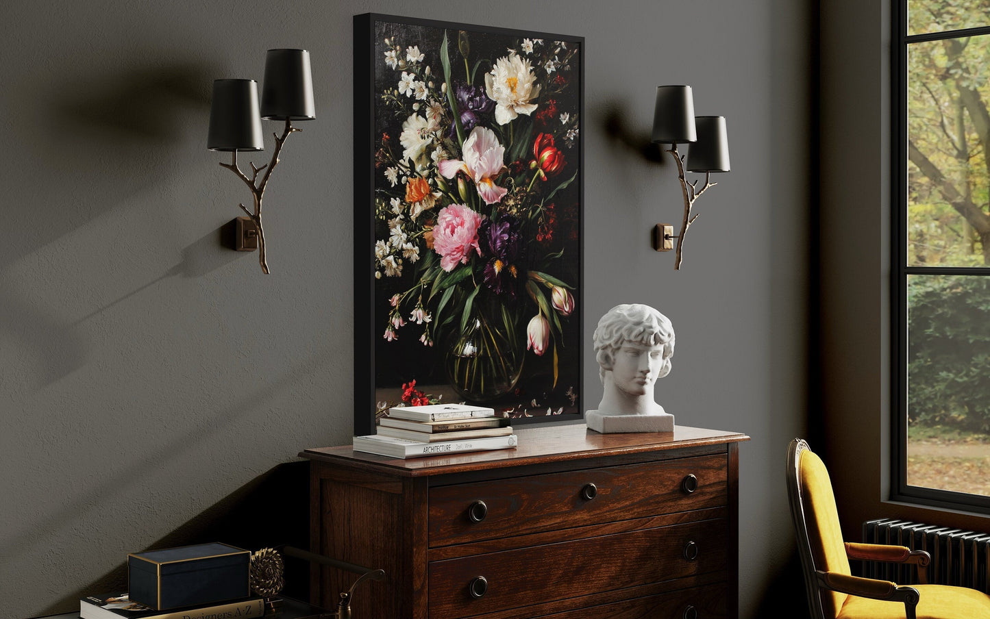 Moody Dark Academia Flowers Antique Style Framed Canvas Wall Art