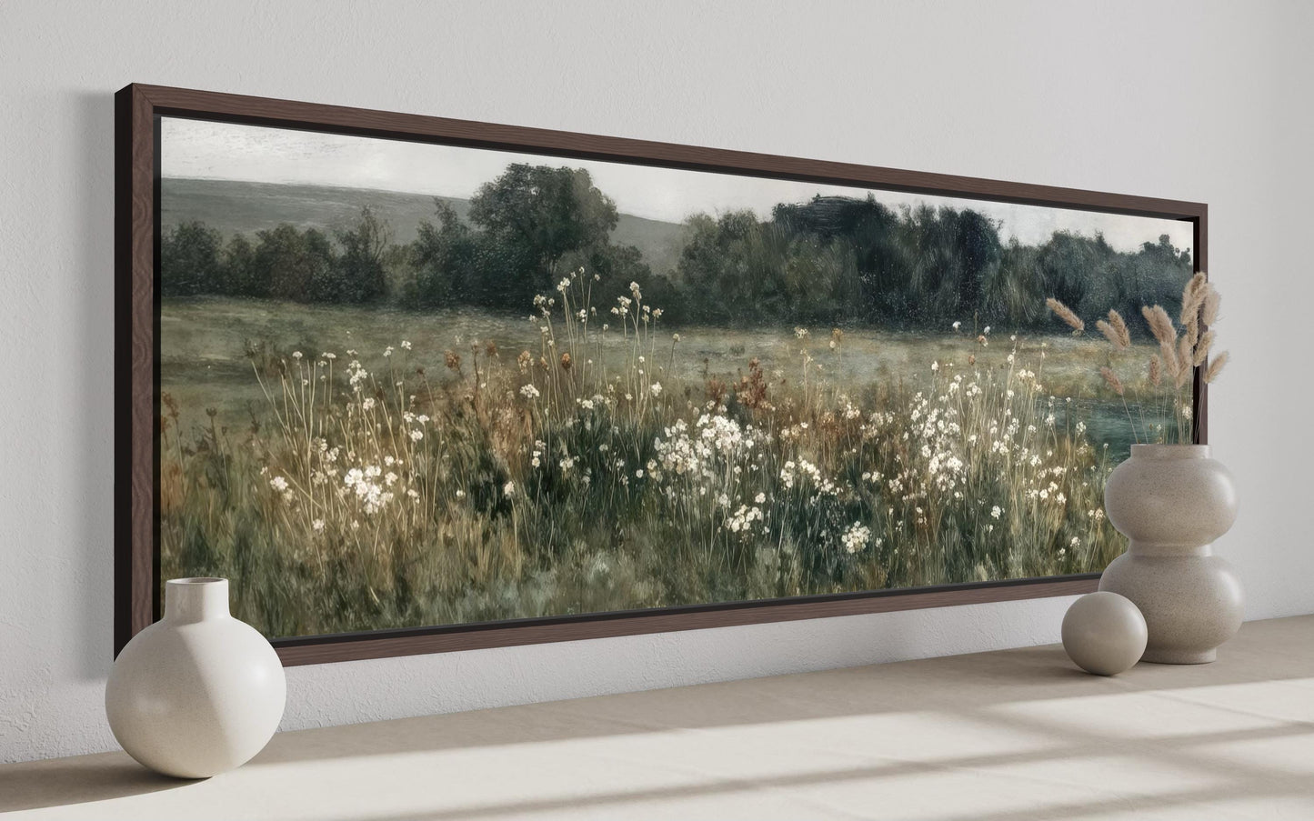 Moody Wildflowers Field Long Narrow Horizontal Wall Decor Above Bed Canvas Wall Art