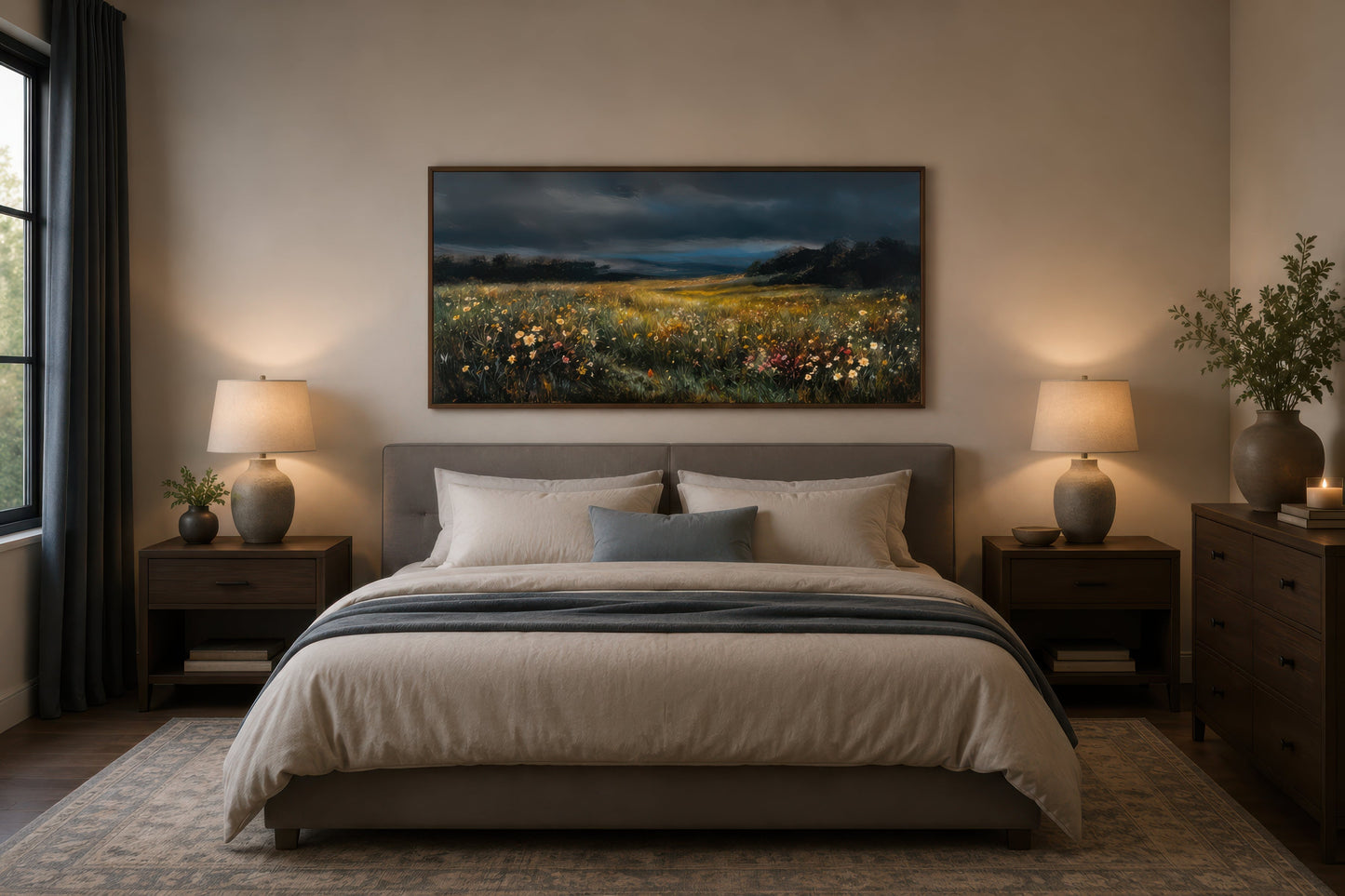 Moody Wildflowers Meadow At Night Canvas Wall Art