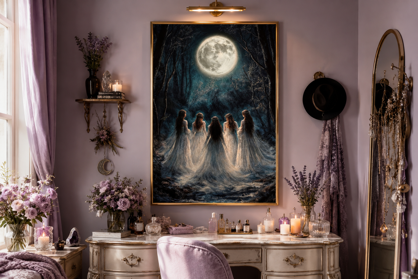 Moon Calling Wall Art - Gothic Witches In The Forest Vertical Canvas Print