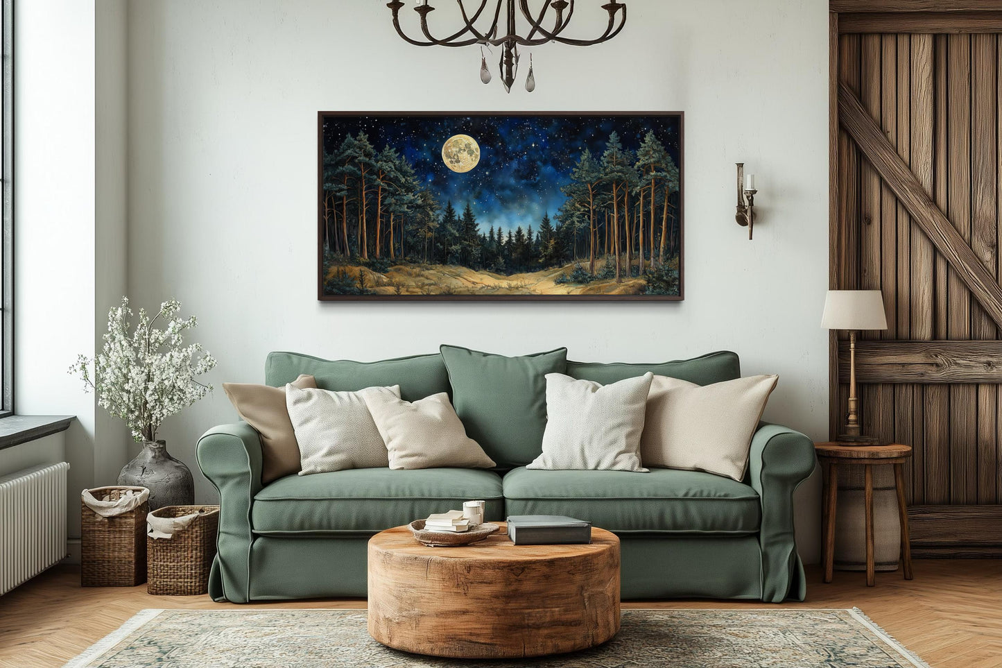 Moonlit Pine Trees Forest Wall Art with Full Moon and Starry Sky For Cabin Decor