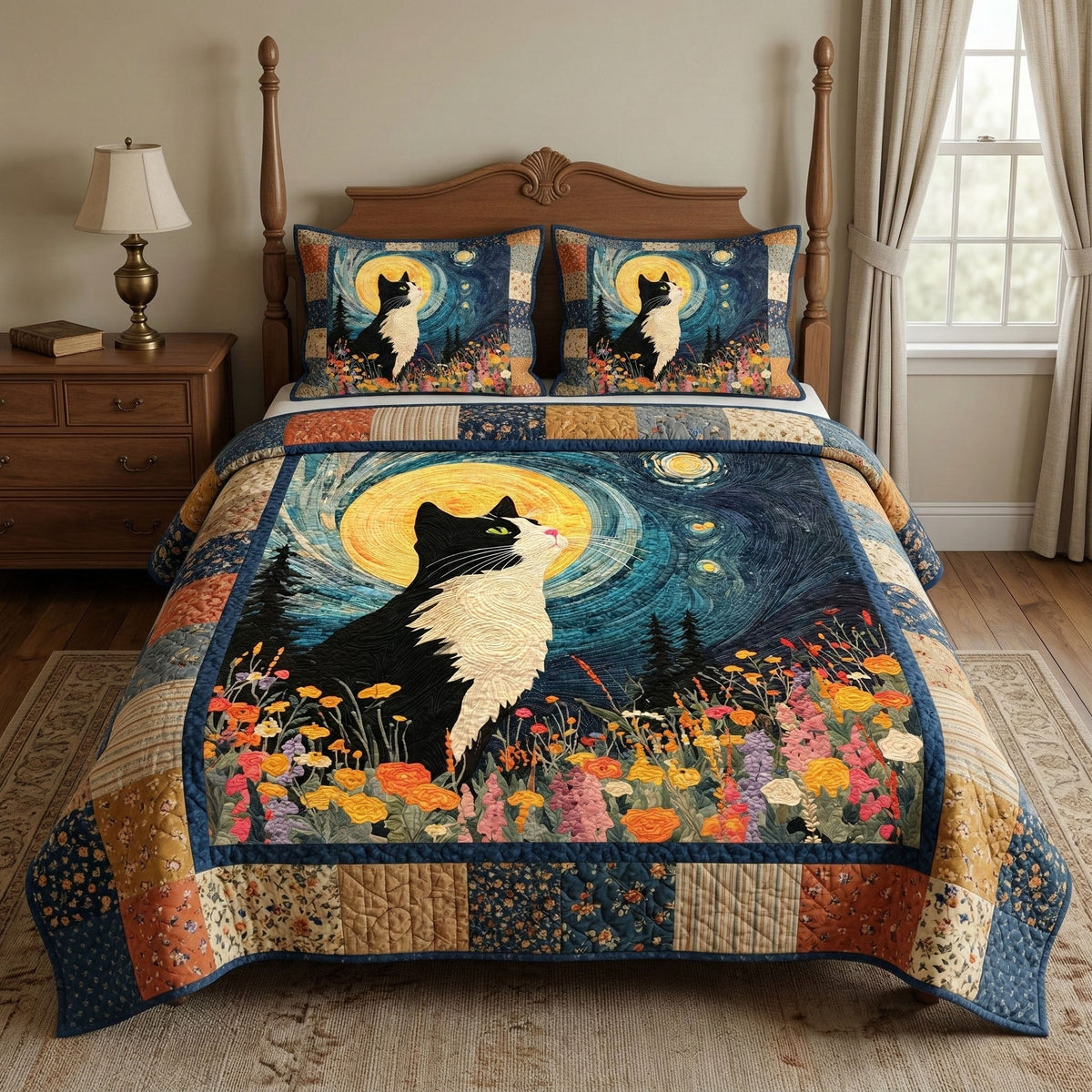 Moonlit Cat Meadow 3-Piece Quilted Bedding Set - Single (59" x 70")