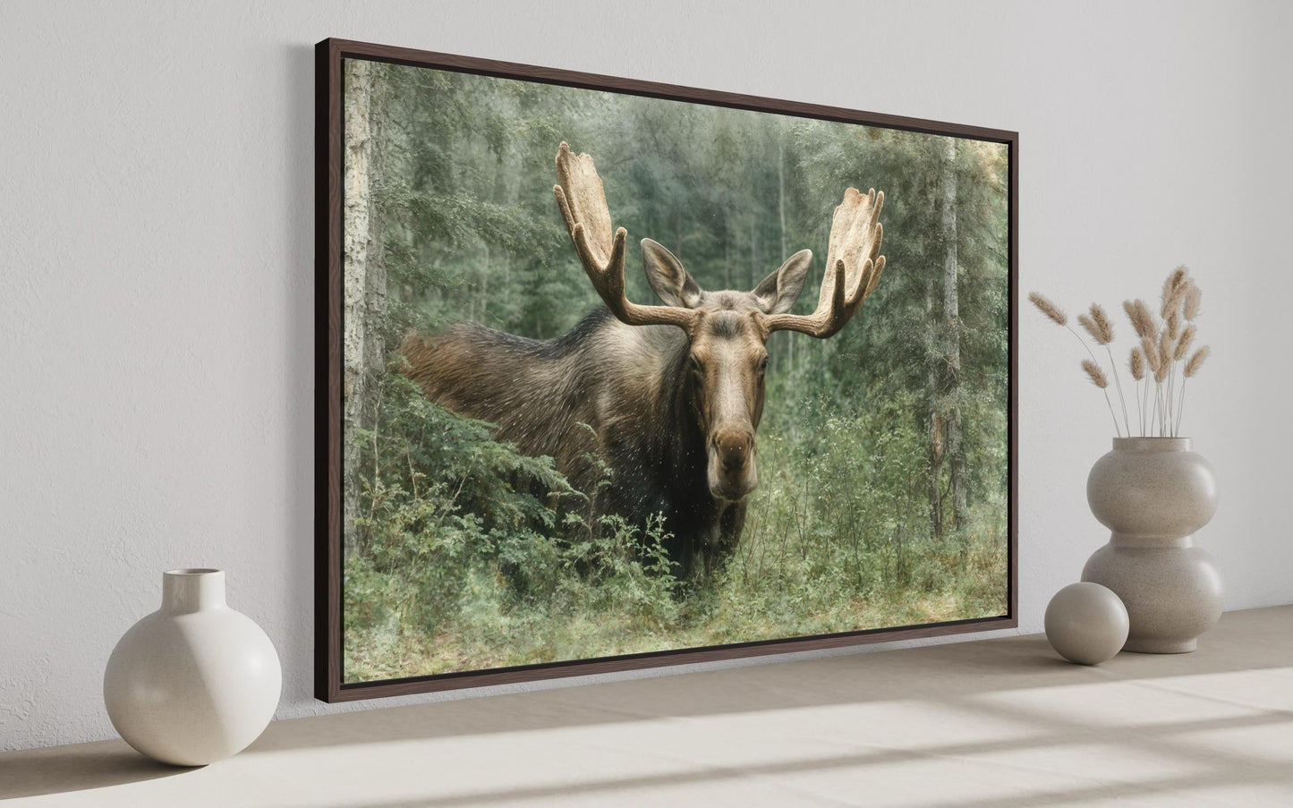 Moose In The Forest Wall Art – Rustic Wildlife Painting on Canvas for Cabin Lodge Decor