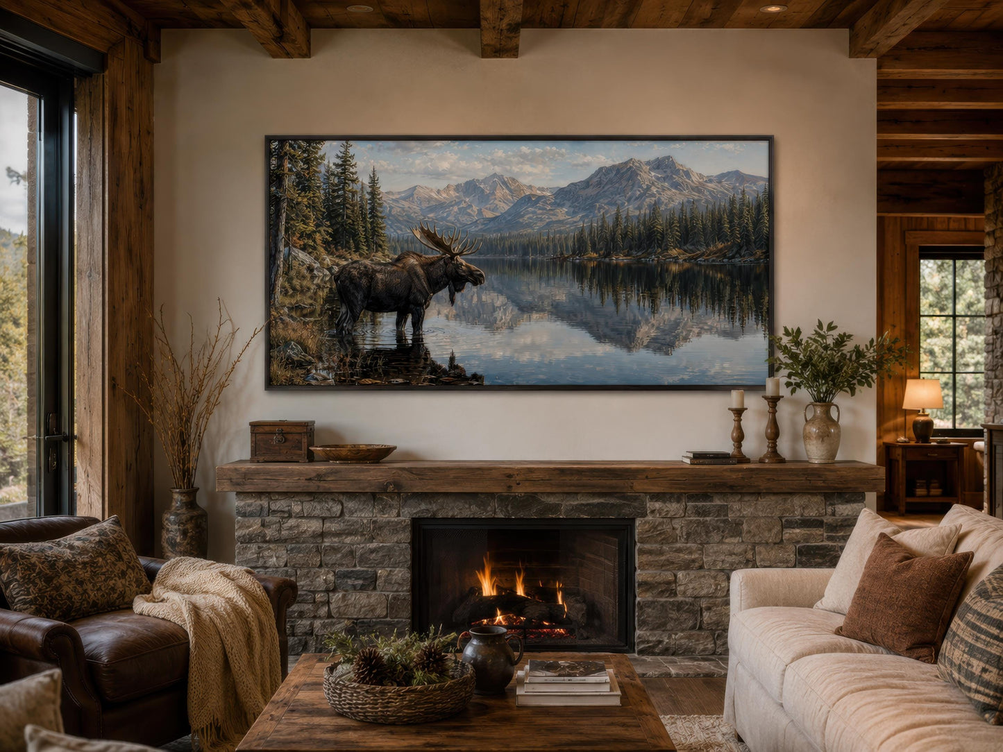 Moose Near Lake Wall Art - Above Mantel for Lake House Decor