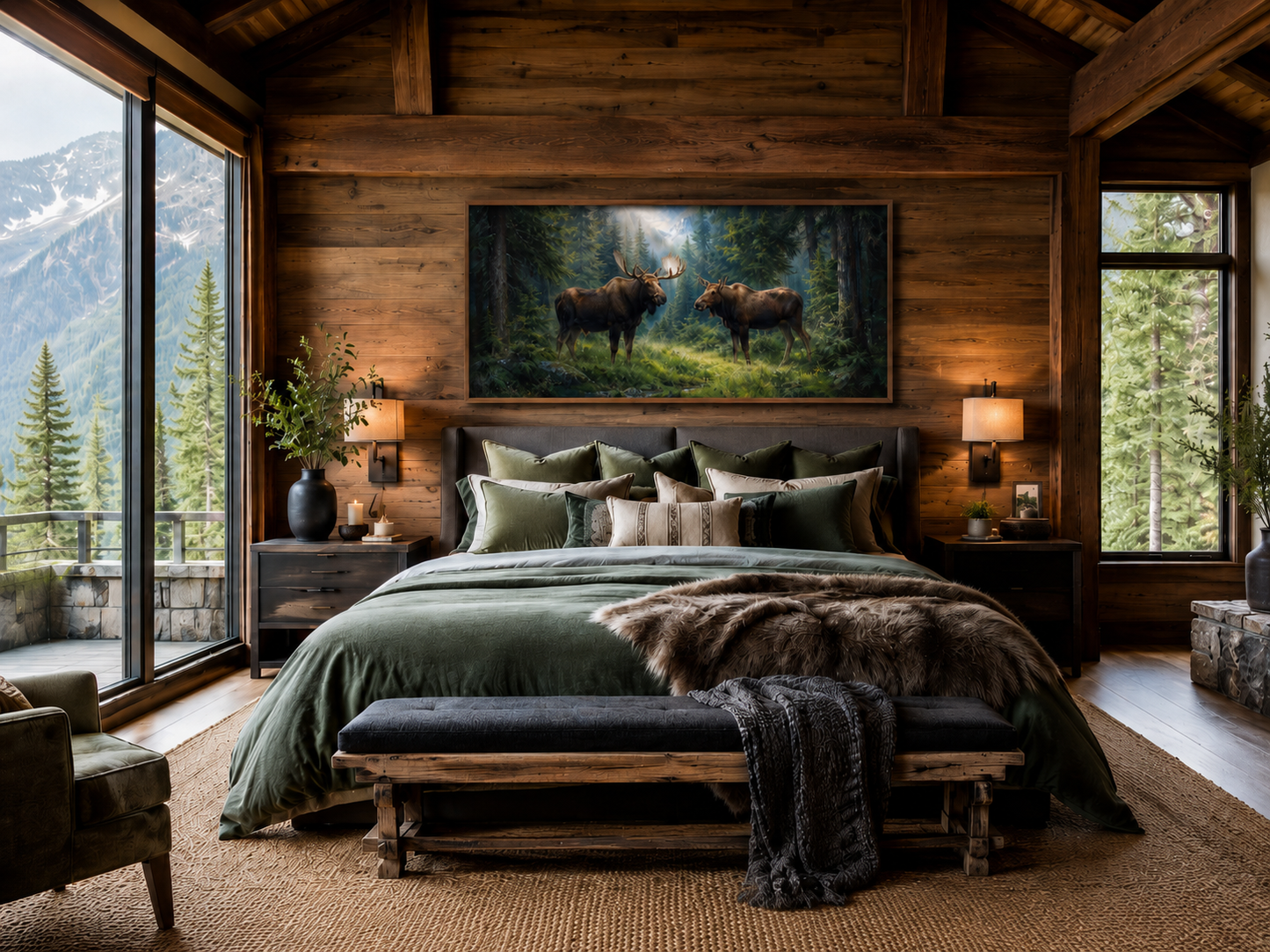 Moose Couple Framed Canvas Wall Art For Cabin Decor