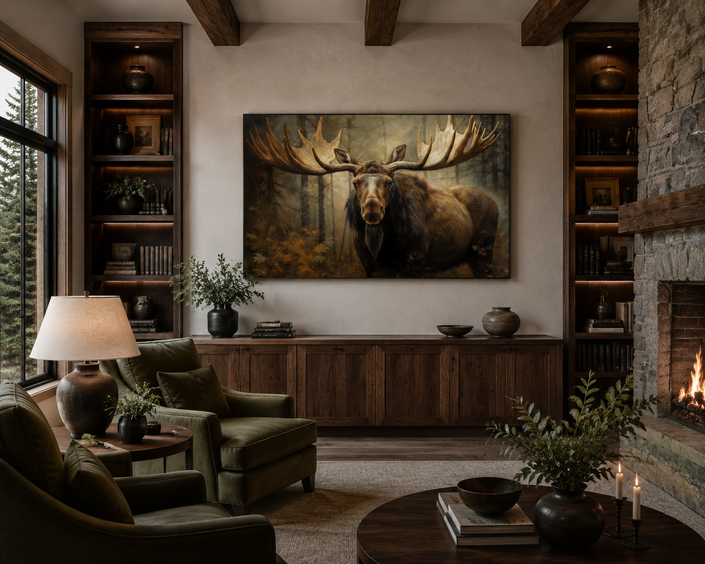 Moose With Big Antlers In The Forest Framed Canvas Wall Art