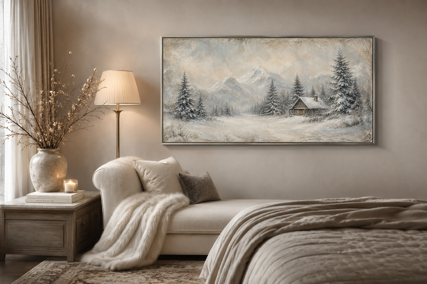Cabin Wall Art – Rustic Framed Cabin Decor for Snowy Mountain Retreat