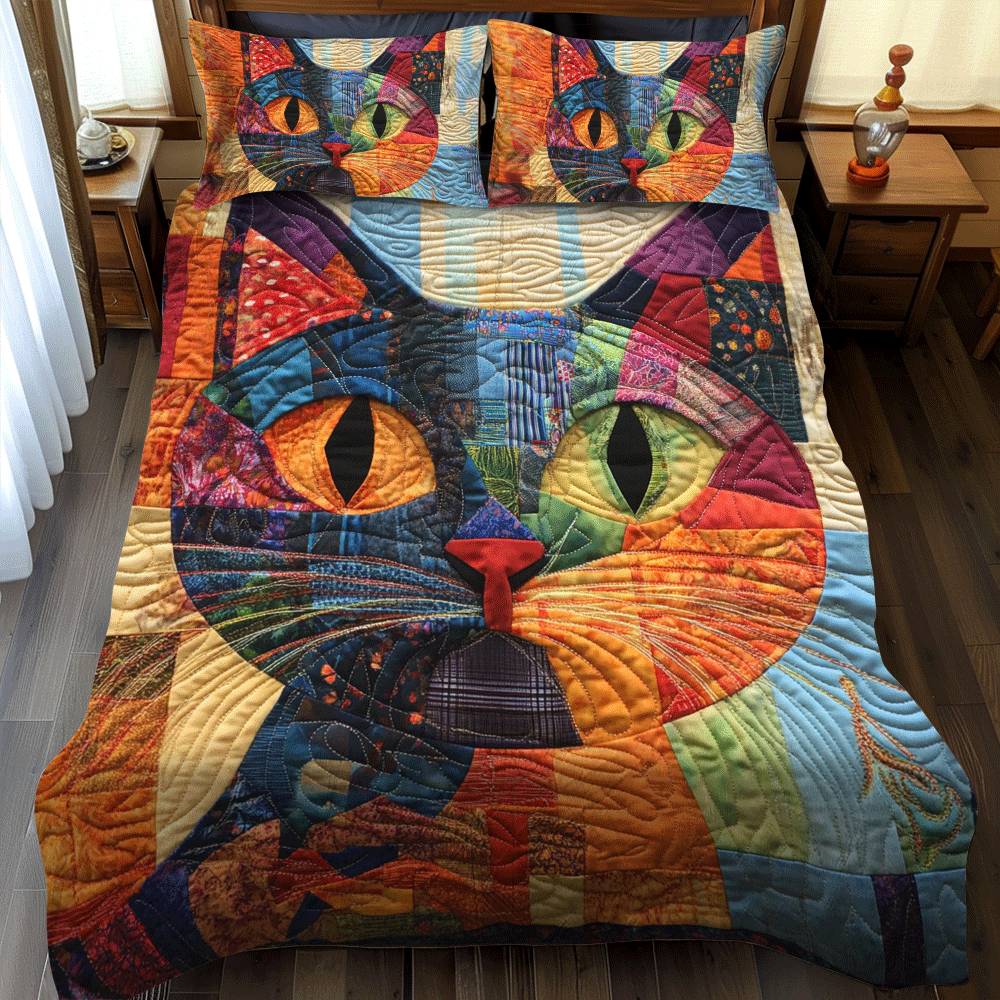 Multicolored Cats 3-Piece Quilted Bedding Set - Single (59" x 70")