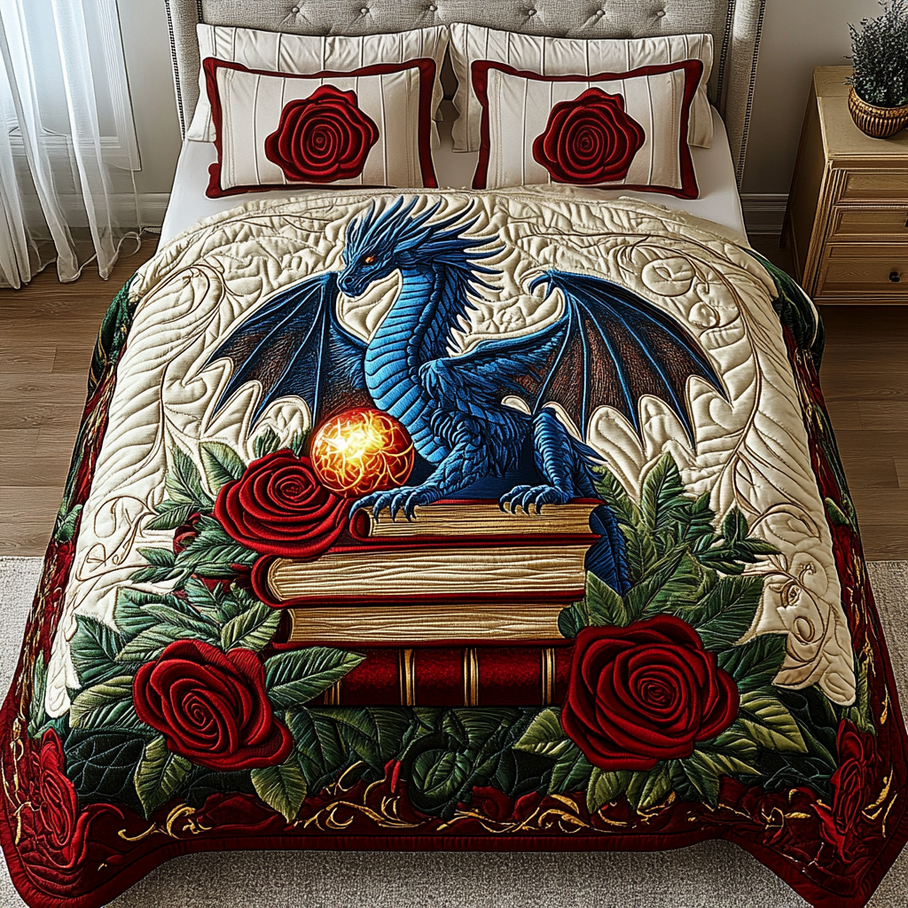Mystic Rose Dragon 3-Piece Quilted Bedding Set - Single (59" x 70")