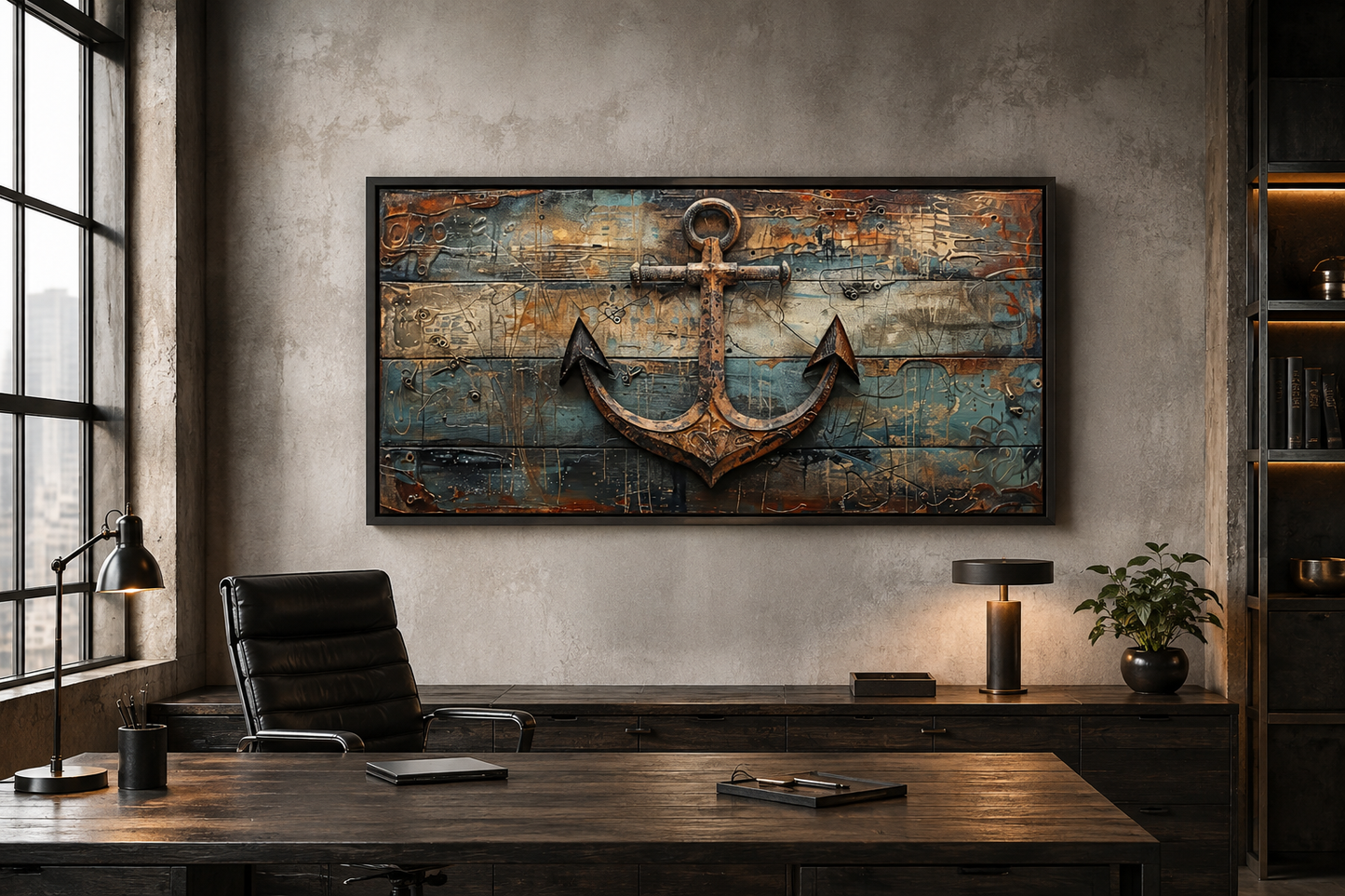 Ship's Anchor Painted On Wood Nautical Framed Canvas Wall Art