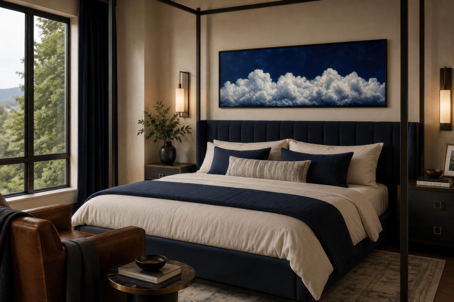 Navy Blue Cloud Wall Art - Long Narrow Bedroom Canvas Print