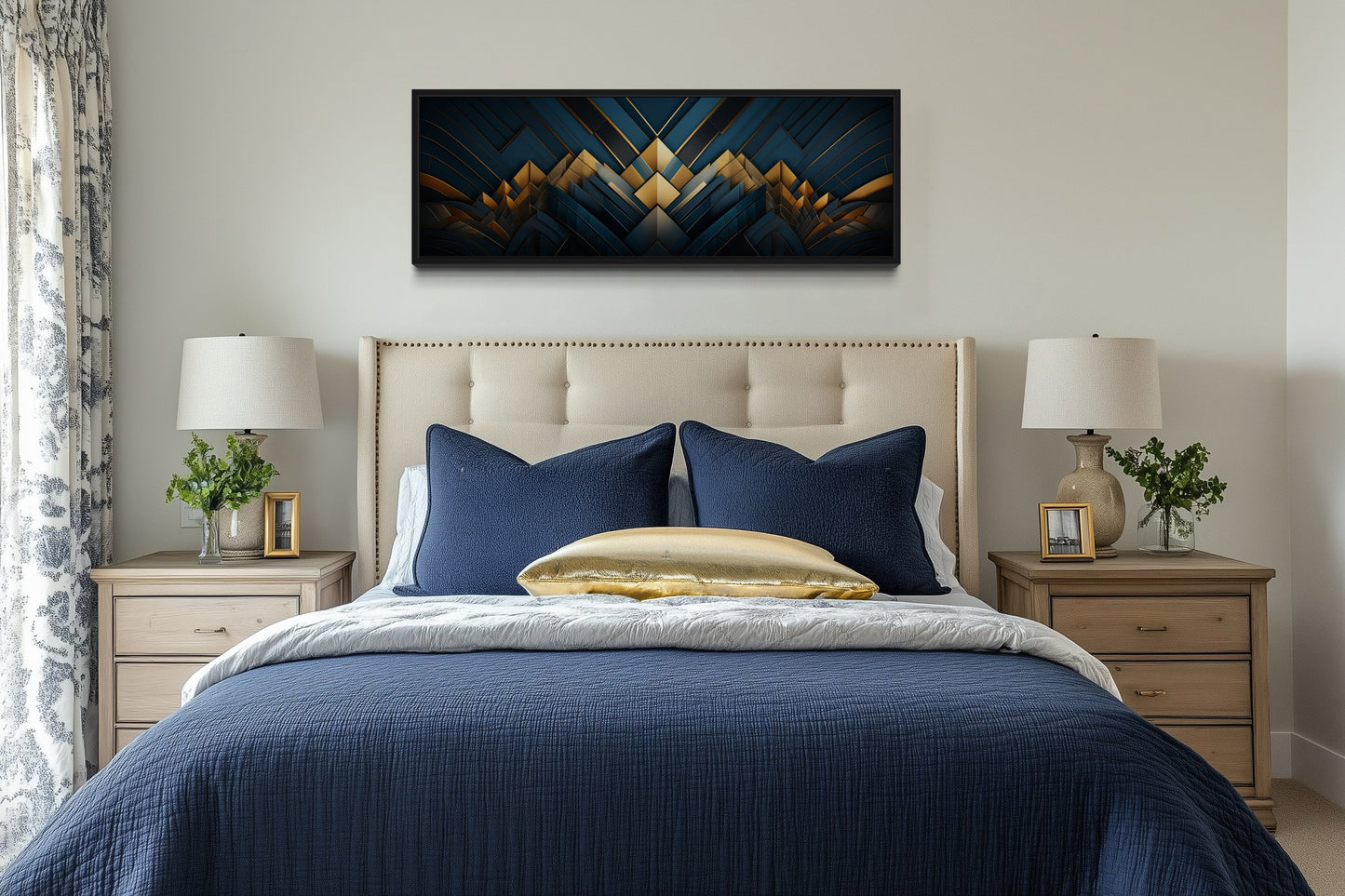 Navy Blue Gold Art Deco Panoramic Painting Framed Canvas Wall Art