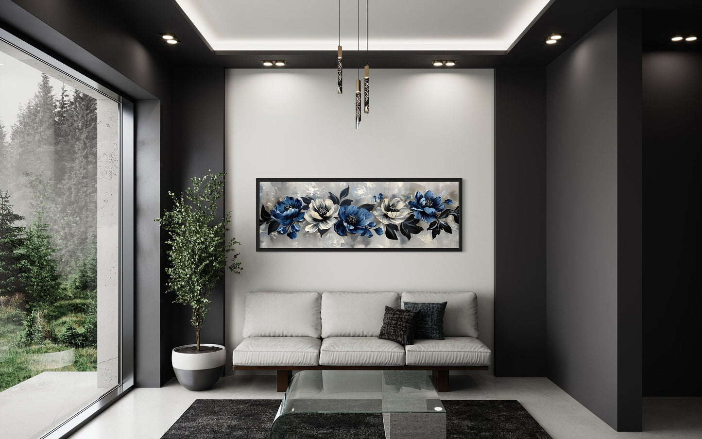 Navy Blue Grey White Floral Above Bed Horizontal Framed Canvas Wall Art